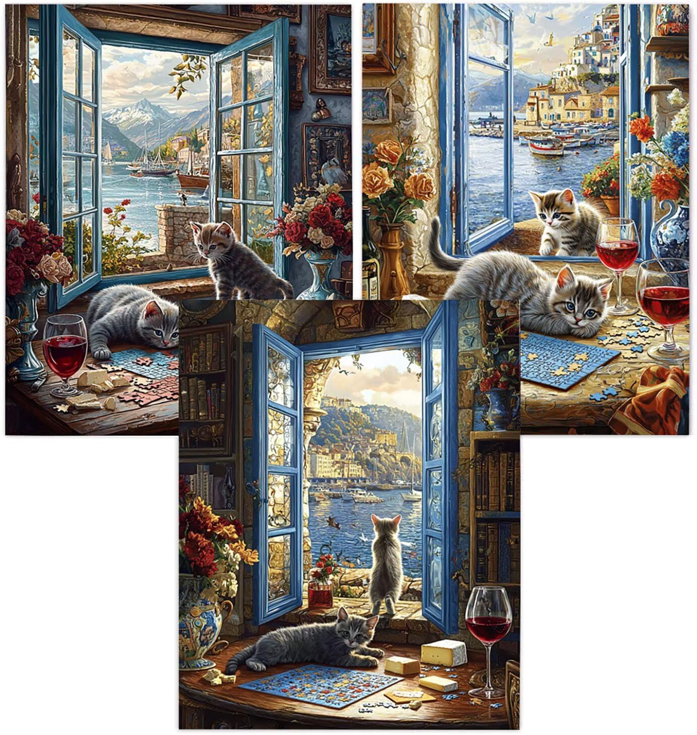 Cnyaunfi 3 Pezzi Gatto Pittura Diamante Fai-Da-Te, 5D Blu Diamond Painting Kit Completo per, Hobby Creativi Adulti, Pittura Diamante Artigianale Per La Decorazione Della Parete Di Casa 70x90cm YF-3069