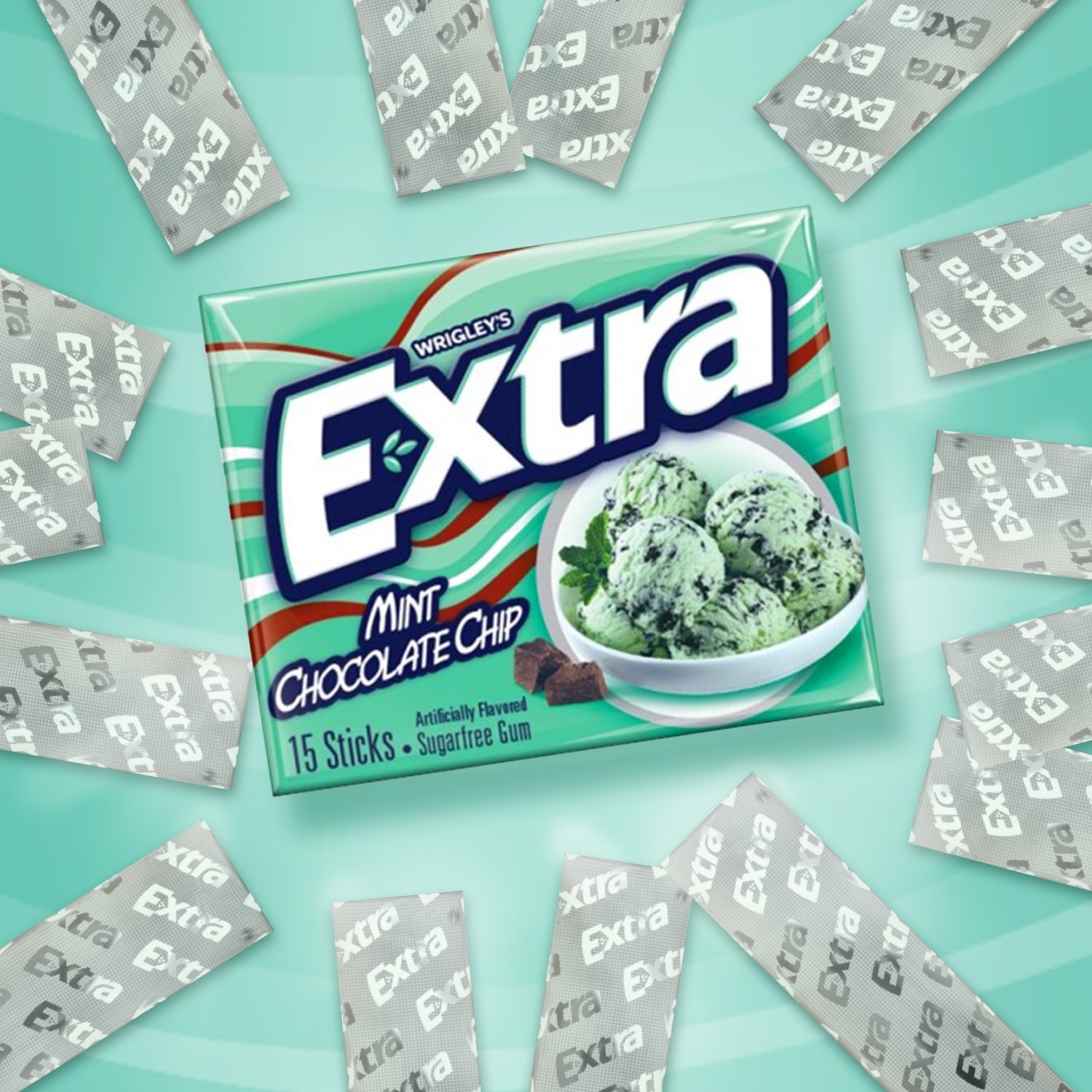 EXTRA Mint Chocolate Chip Sugar Free Chewing Gum, 15 Pieces (10 Pack