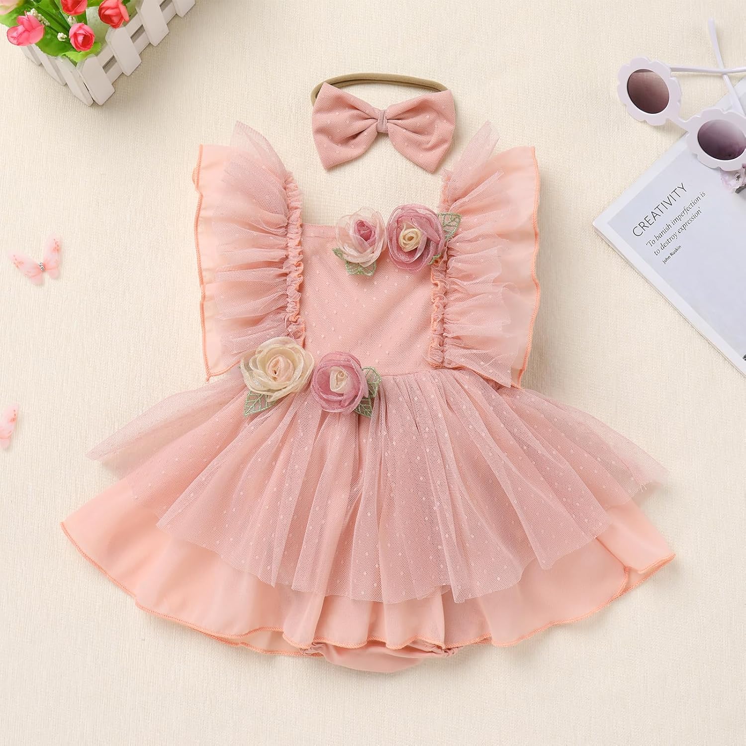 ODASDO Infant Baby Girls Butterfly Flower Dress First Birthday Cake Smash Outfit Photo Shoot Clothes Romper + Headband - Image 3