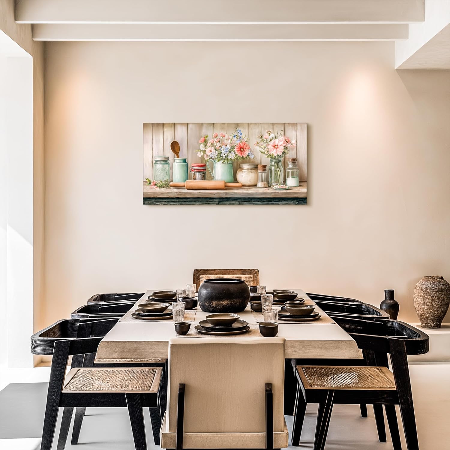 SLYCAY Large Vintage Kitchen Wall Art Prints, Rustic Farmhouse Floral Wall Decor Country Kitchenware Jars Flowers Canvas Pictures Still Life Landscape Painting Restaurant Dining Room 20"X40"