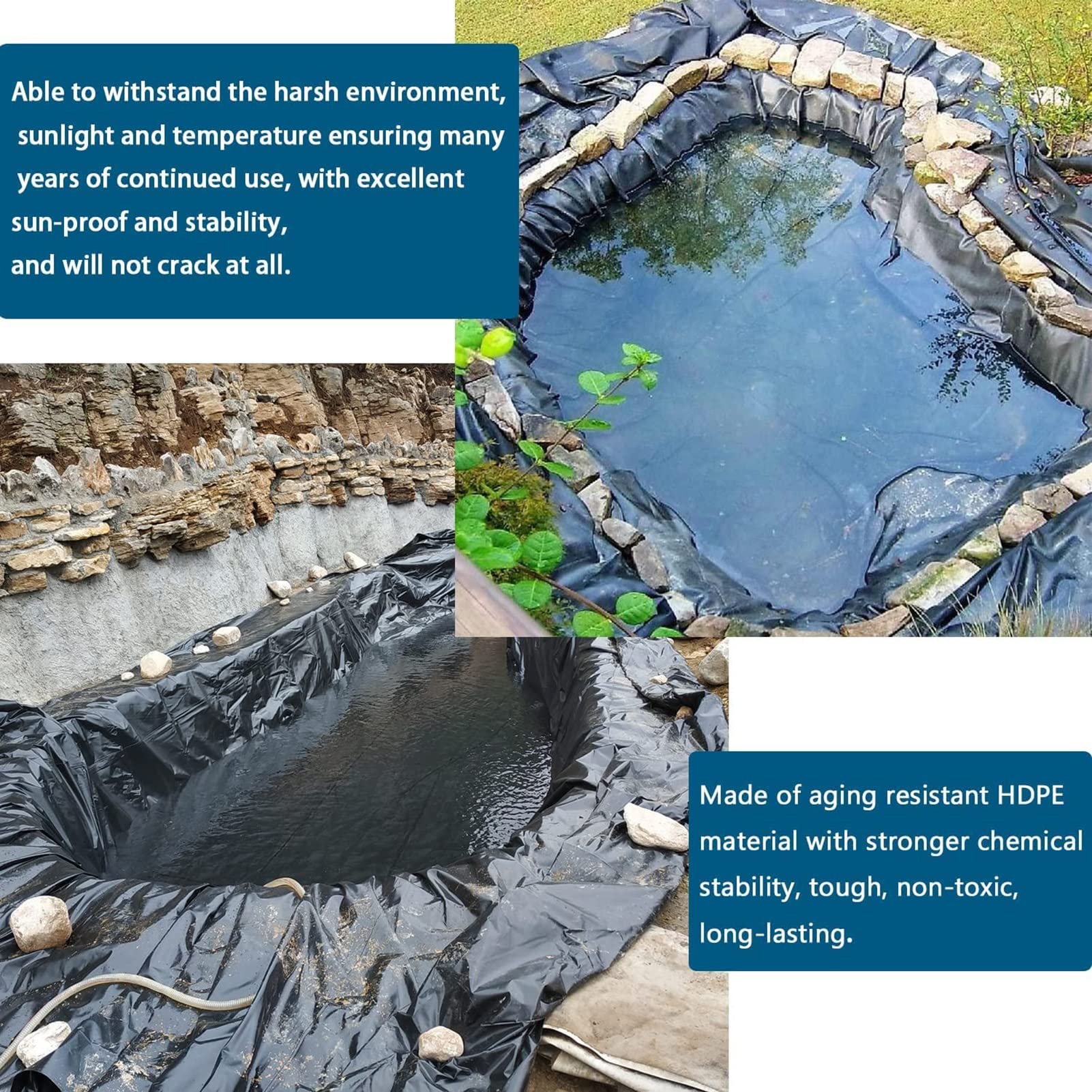 Rivestimento per laghetto in polietilene ad alta densità, spessore 2 mm, pellicola flessibile e impermeabile per laghetti per pesci, giardini, fontane e cascate, ideale per piante acquatiche e pesci