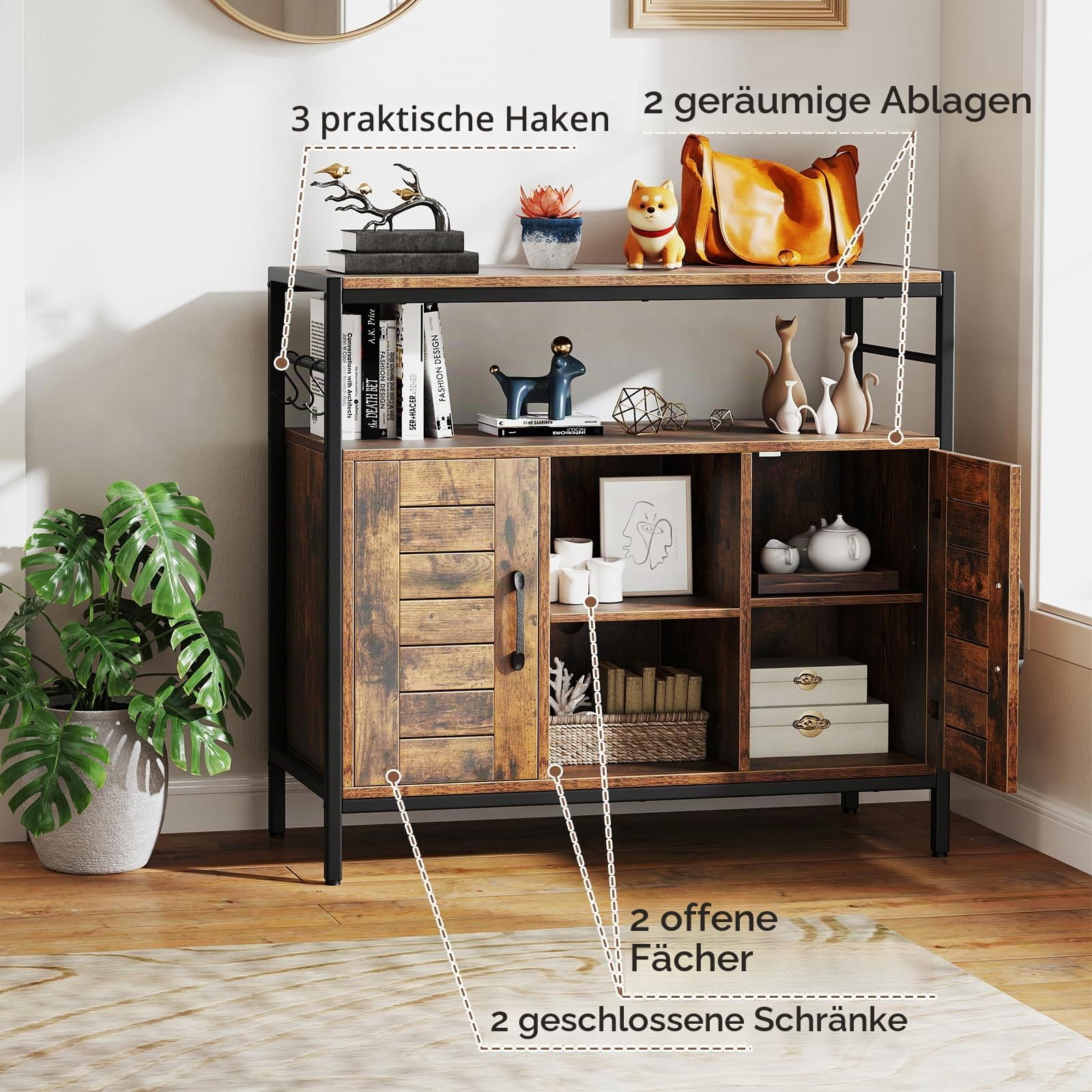 KOMFOTTEU Küchenbuffet Industriestil, Küchenschrank aus Holz & Metall, Aufbewahrungsschrank mit 2 Türen, offene Fäche & verstellbare Regale, Sideboard für Küche Flur Esszimmer