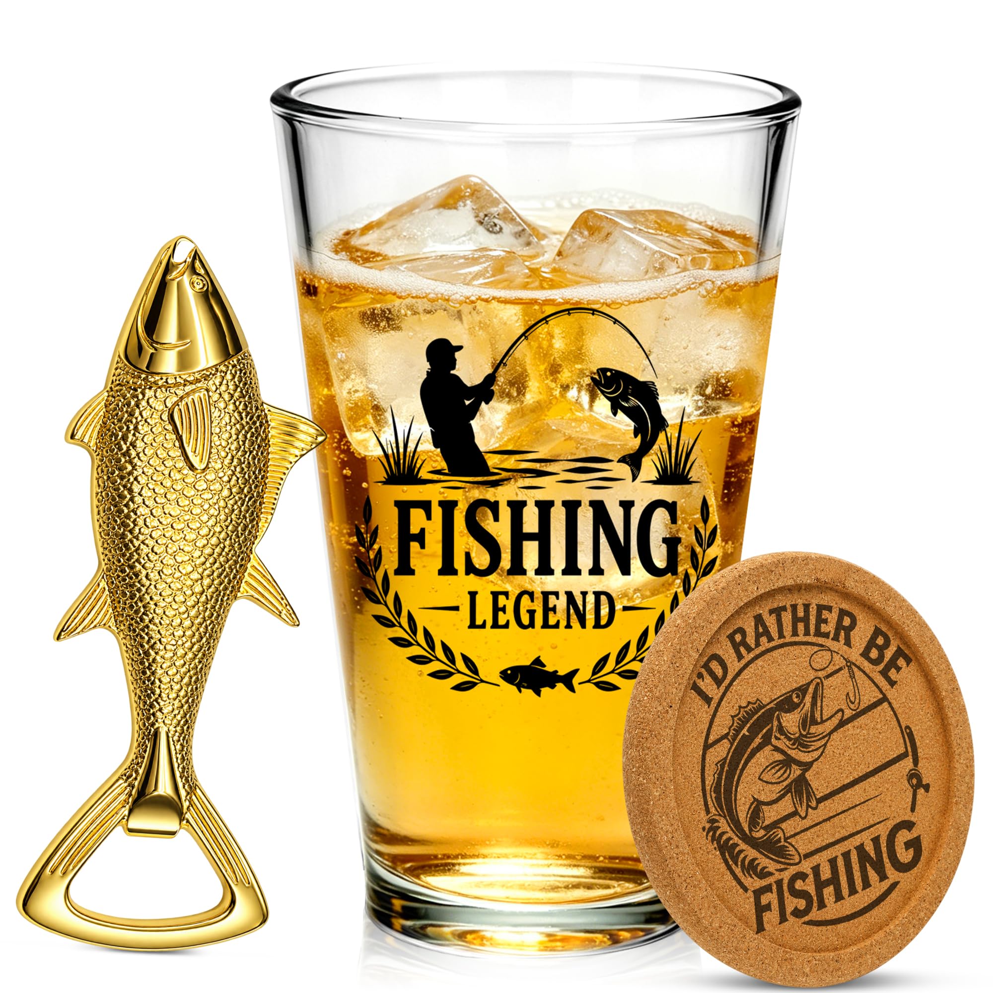 Fishing Gifts Set for Men, 480ml Beer Glass Coaster Bottle Opener Gift