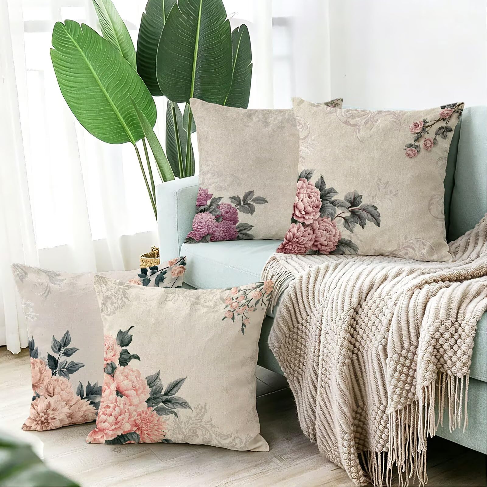 Coussin Exterieur Impermeable Rose, Taie Oreiller 60x60 Set de 4, Cod-3739