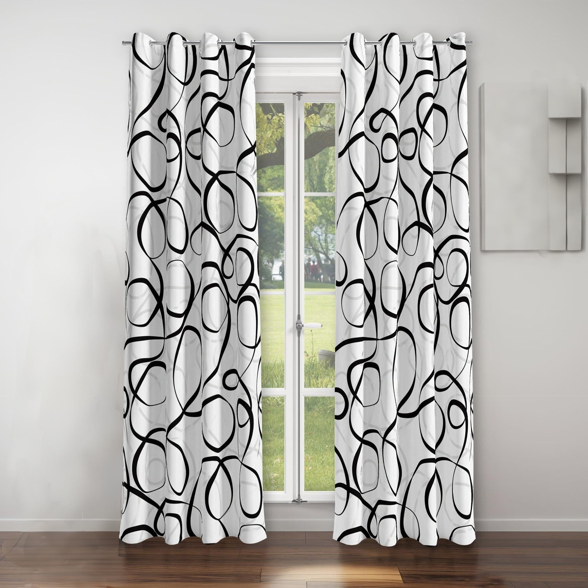 Bohemian Art Grommet Window Curtains Black White Circles Geometric Light Blocking Window Drapes Abstract Lines Print Decorative Drapes for Windows Living Room, W66" x L90" x 2 Panels