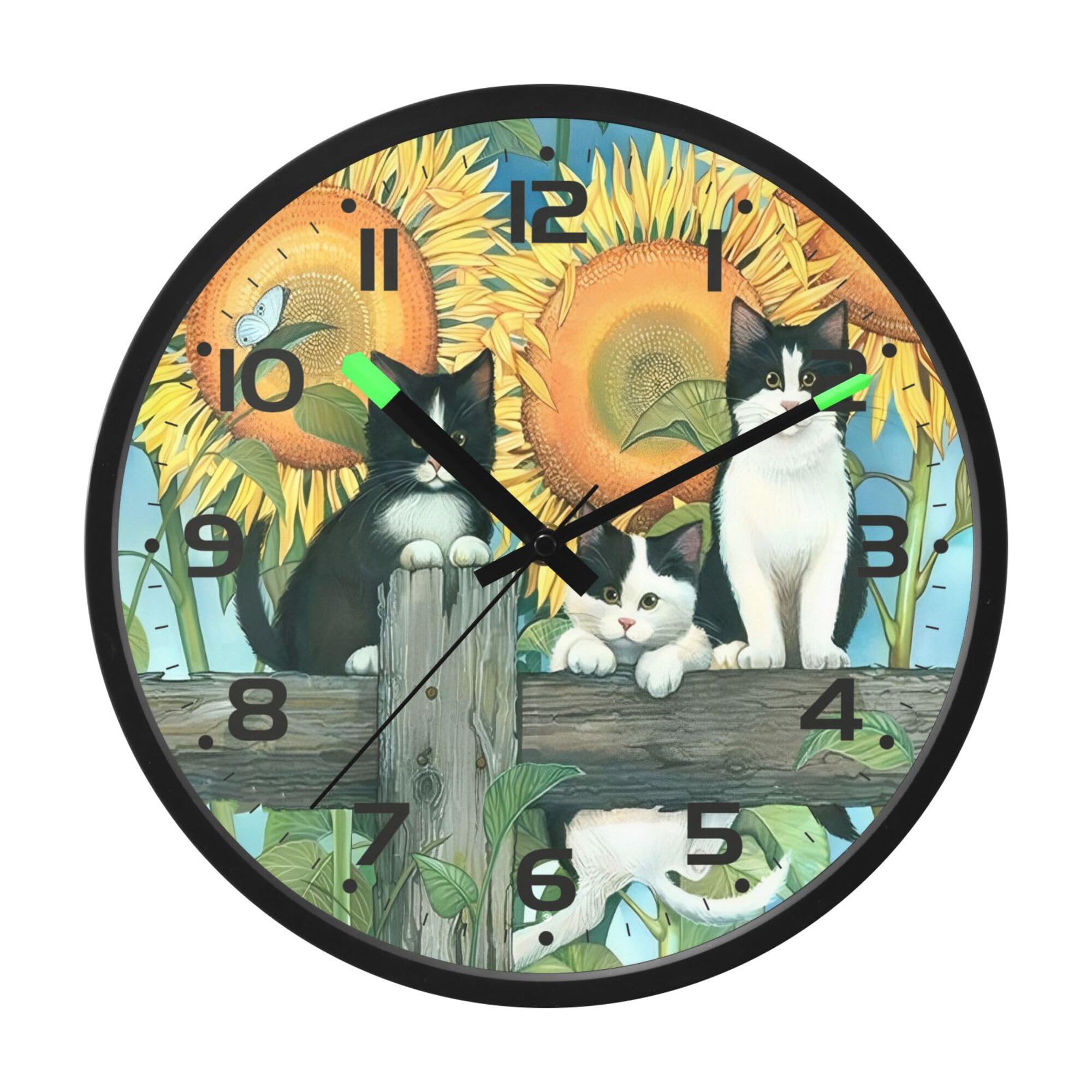ALAZA Moderno reloj de pared digital redondo de 12 pulgadas, gatos en campo de girasol, silencioso, decorativo, LED, funciona con pilas, para cocina, sala de estar, oficina