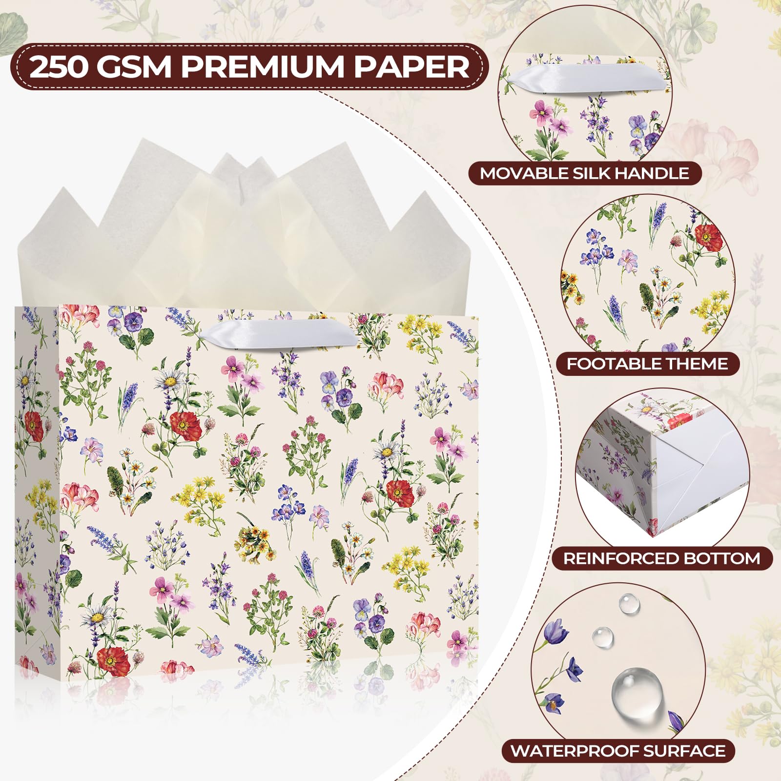 Maitys 12 Pack 12.6" Large Wildflower Gift Bags with Tissue Papers and Greeting Cards Elegant Flowers Floral Gift Wrapping Bags for Wedding Bridal Showers Birthday Baby Shower Party Decorations