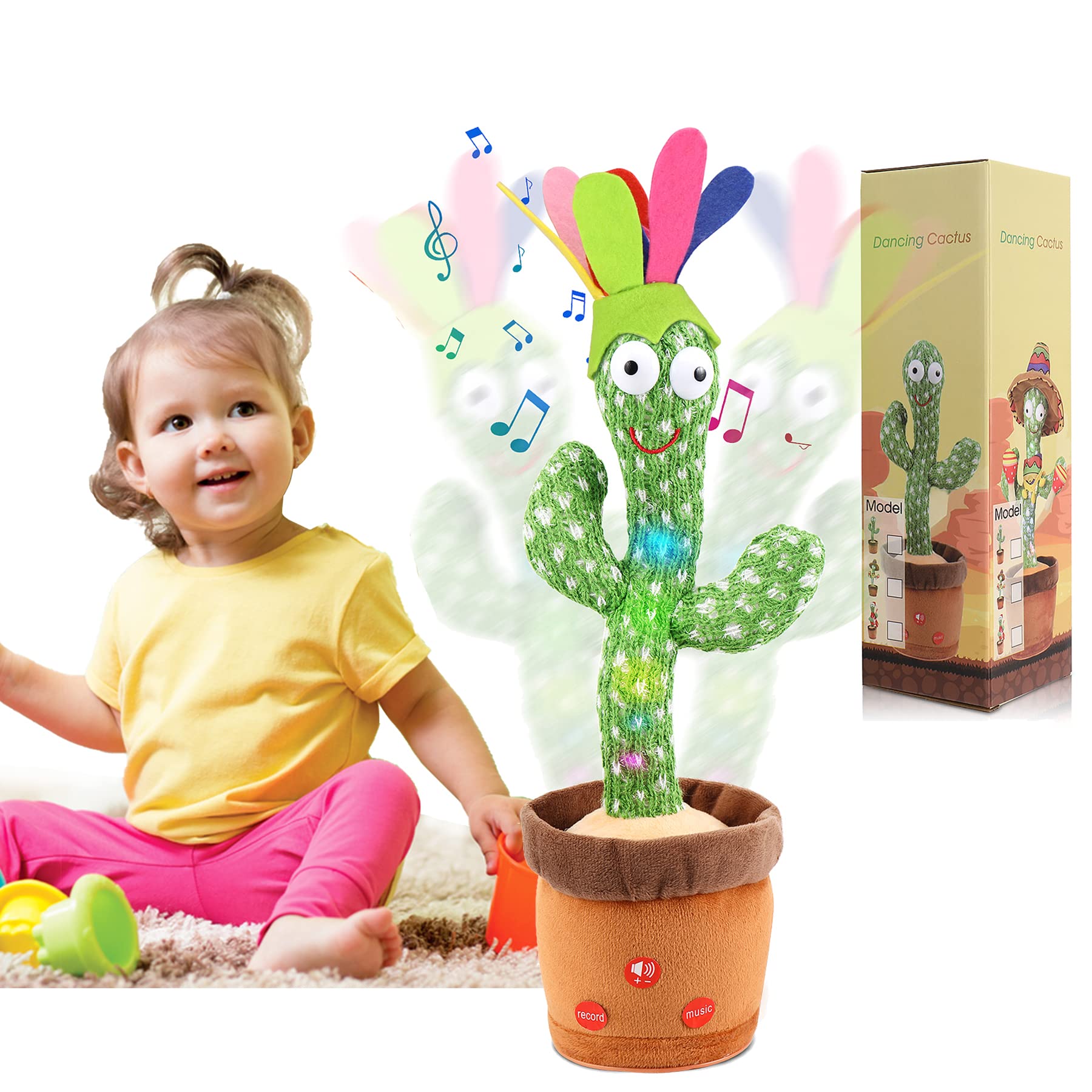 MIAODAM Upgraded Volume Adjustable, Dancing Cactus Singing 120 Songs Glowing Repeating What You Say Talking Cactus Plush Electronic Baby Toys
