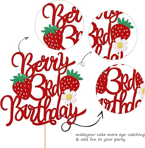 Miniatura 3 de 1 pieza de fresa y bayas para pastel de tercer cumpleaños con purpurina y tema de fruta dulce, selección de pastel de fresa para temática de fresa,