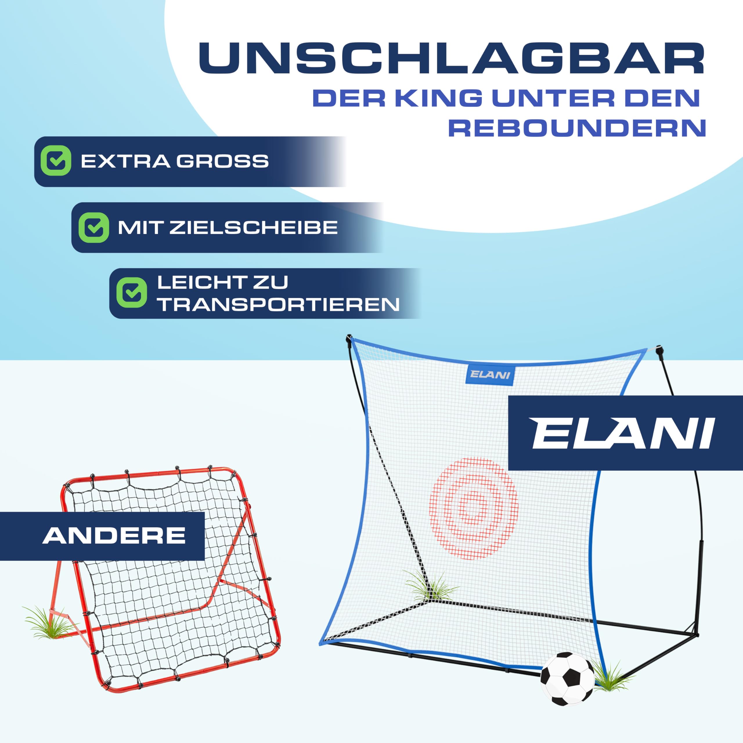 ELANI - Rebounder 2x2m - extra groß mit Zielring & 8 Heringen für sicheren Stand - Fussball Rebounder mit stabilem Rahmen - Fußball-rebounder, Handball Tor, Bouncer Fussball, Ball Trampolin