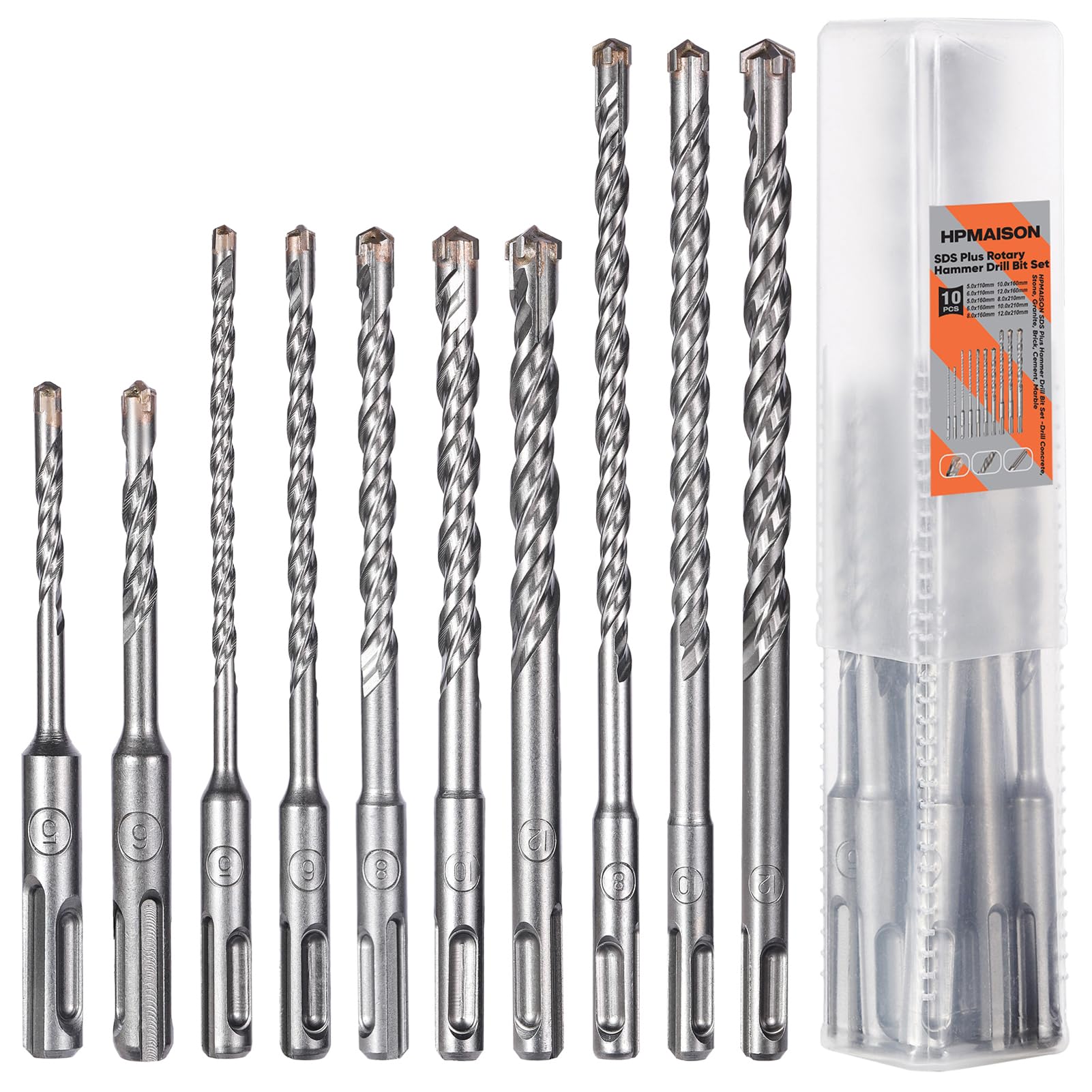 HPMAISON SDS Plus Bohrer Set, 10tlg. SDS Plus Hammerbohrer Betonbohrer mit 4 Schneiden, Steinbohrer 5mm/6mm x 110mm, 5/6/8/10/12mm x 160mm, 8/10/12mm x 210mm Kompatibel mit Alle Marken Bohrhammer
