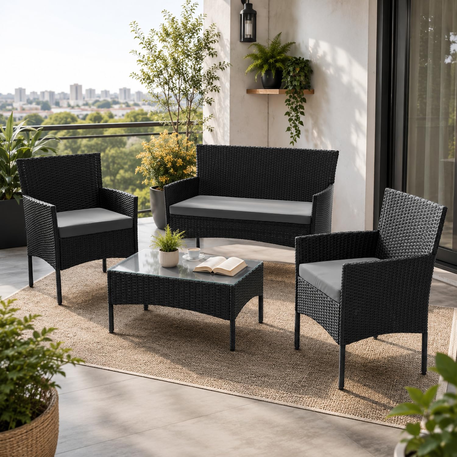 Juskys Fort Myers Polyrattan Sitzgruppe für 4 Personen – 2er Sofa, 2 Stühle, Beistelltisch, wetterfest