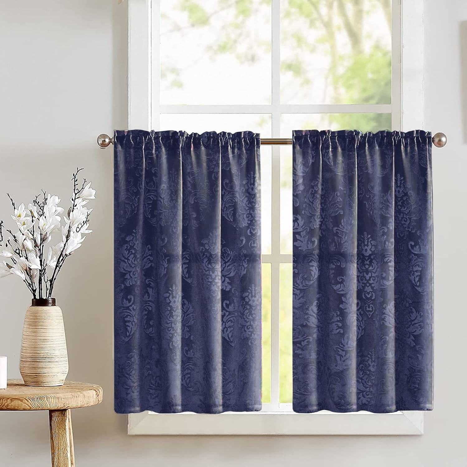 lovemyfabric Velvet Embossed Damask Café Tier Curtains Window Treatment/Window Décor (Tier Curtains 27" Wide / 36" Tall, Navy)