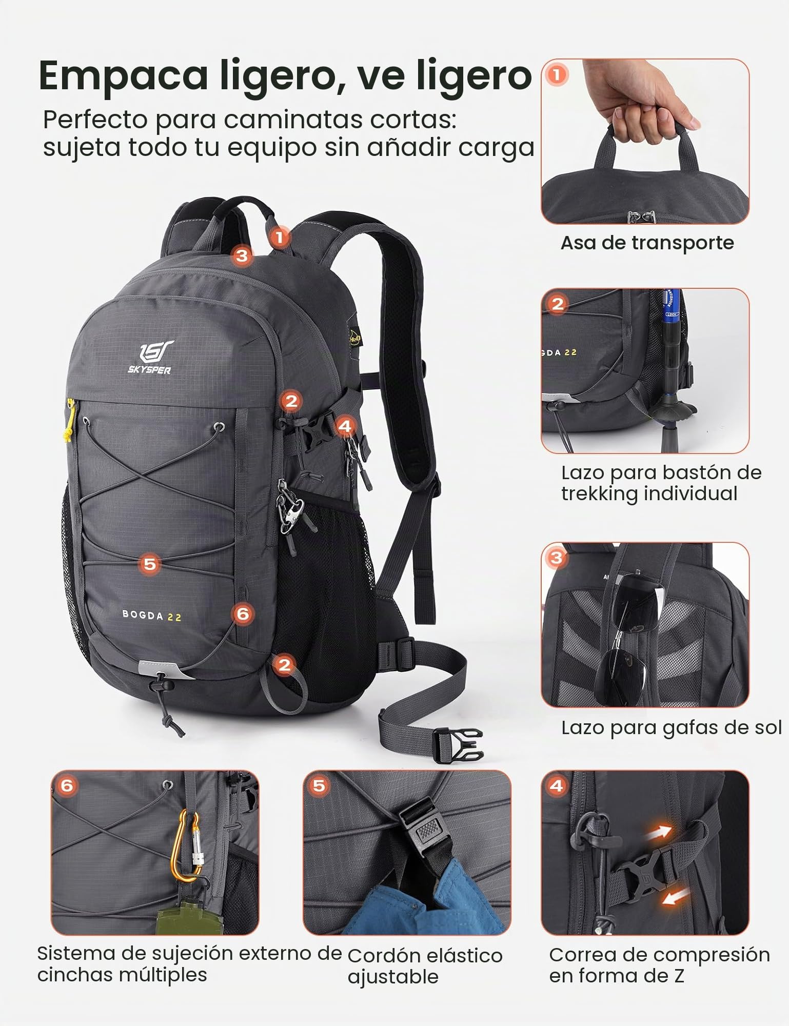 SKYSPER 22L Mochila de senderismo hombre mujer a prueba de robos | Mochila trekking ligera con espalda ventilada malla de aire transpirable para senderismo viajes excursiones de un día