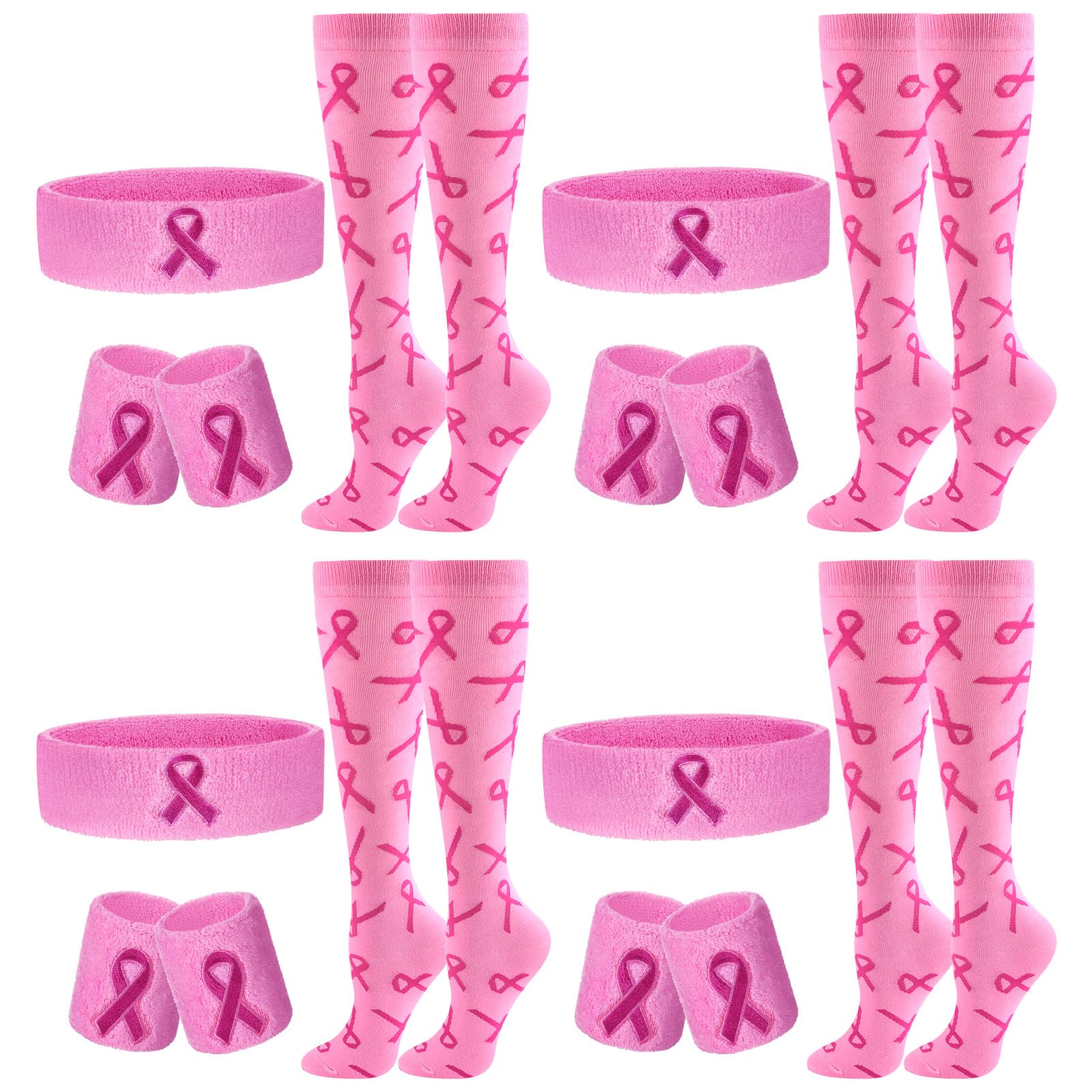 Xtinmee 12 Set Breast Cancer Awareness Survivor Gift for Women Pink Ribbon Headband Wristbands Sweatband Cancer Socks
