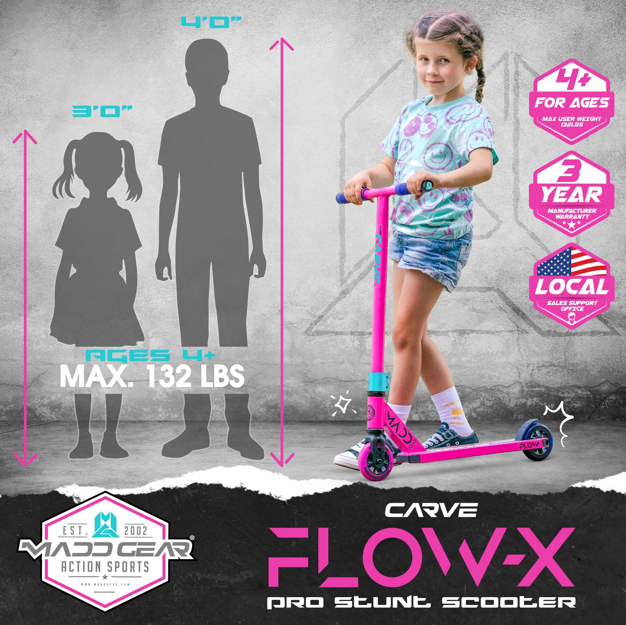 Madd Gear Carve Flow-X Pro Scooter Complete - Stunt Scooter for Kids 4 Years and Up - Aircraft Grade Aluminum BMX Freestyle Trick Scooter - Lightweight Reinforced Deck for Beginners (Pink/Teal)