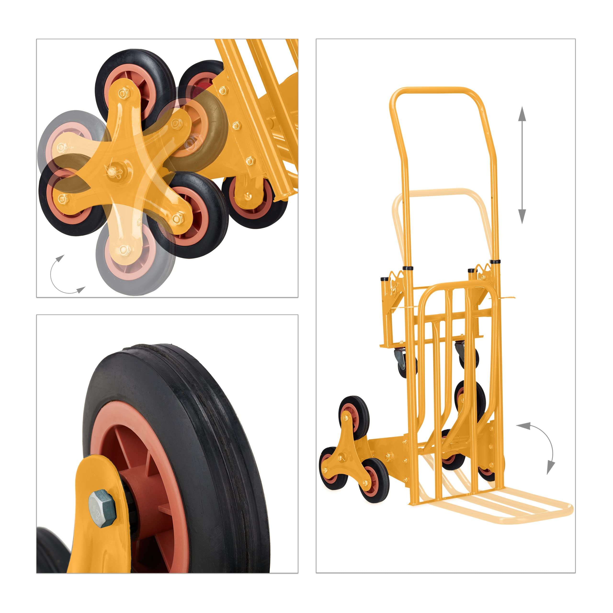 Relaxdays Carrello Portapacchi per Scale, Carrellino da Trasporto Trolley Saliscale capacità di Carico 50/150 kg, Giallo