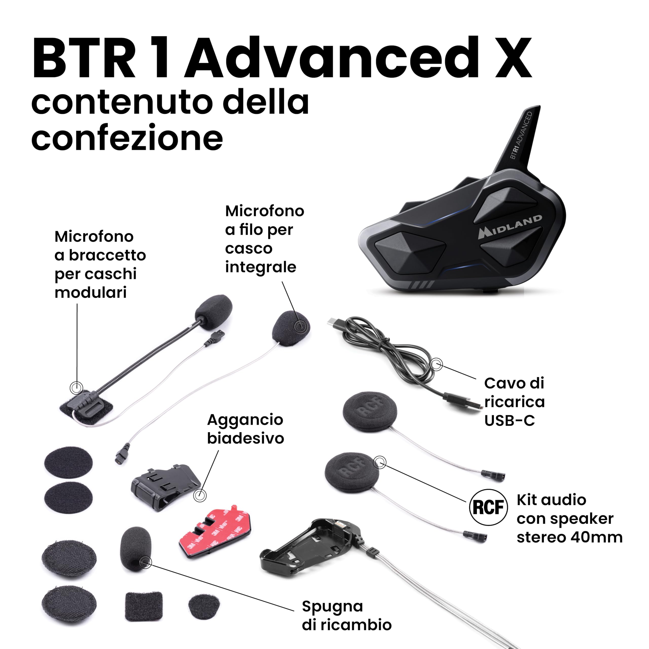 Midland - Interfono Moto Bluetooth BTR1 Advanced X, Auricolare Casco Moto, Portata 1200m, Conversazione tra 4 Persone, Connessione Universale Smartphone/GPS/Musica, Audio RFC Professionale