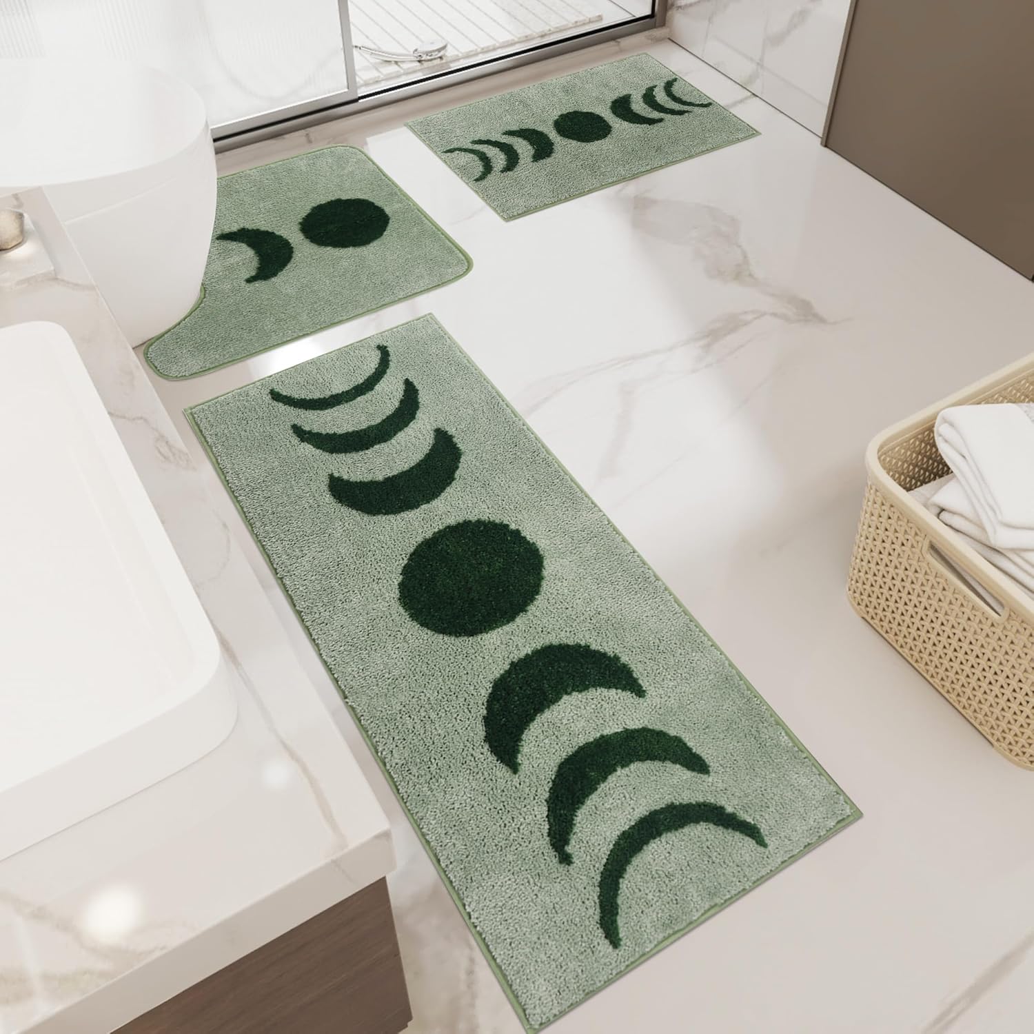 Schweek Boho Bath Mat Rug Sets, NonSlip Moon Phases Bath