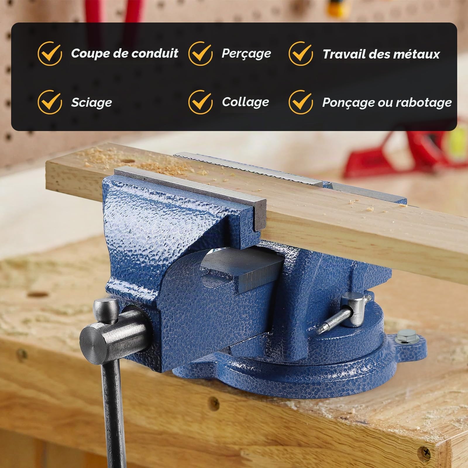 SWAWIS Etau d'Établi en Fonte avec Base Pivotante à 360 Degrés, Largeur de Mâchoire 100mm, pour Fixer des Pièces Telles Que le Bois Et le Métal(Bleu)