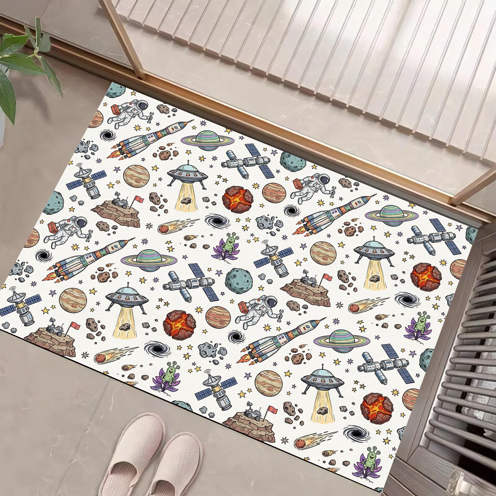 Felpudo Entrada Casa 80x120cm Alfombra Atrapapolvo Platillo Cohete Astronauta, Alfombrilla Pasillo Antideslizante Espacio Dibujos Animados Estadounidenses Tapete Lavable para una Entrada Limpia