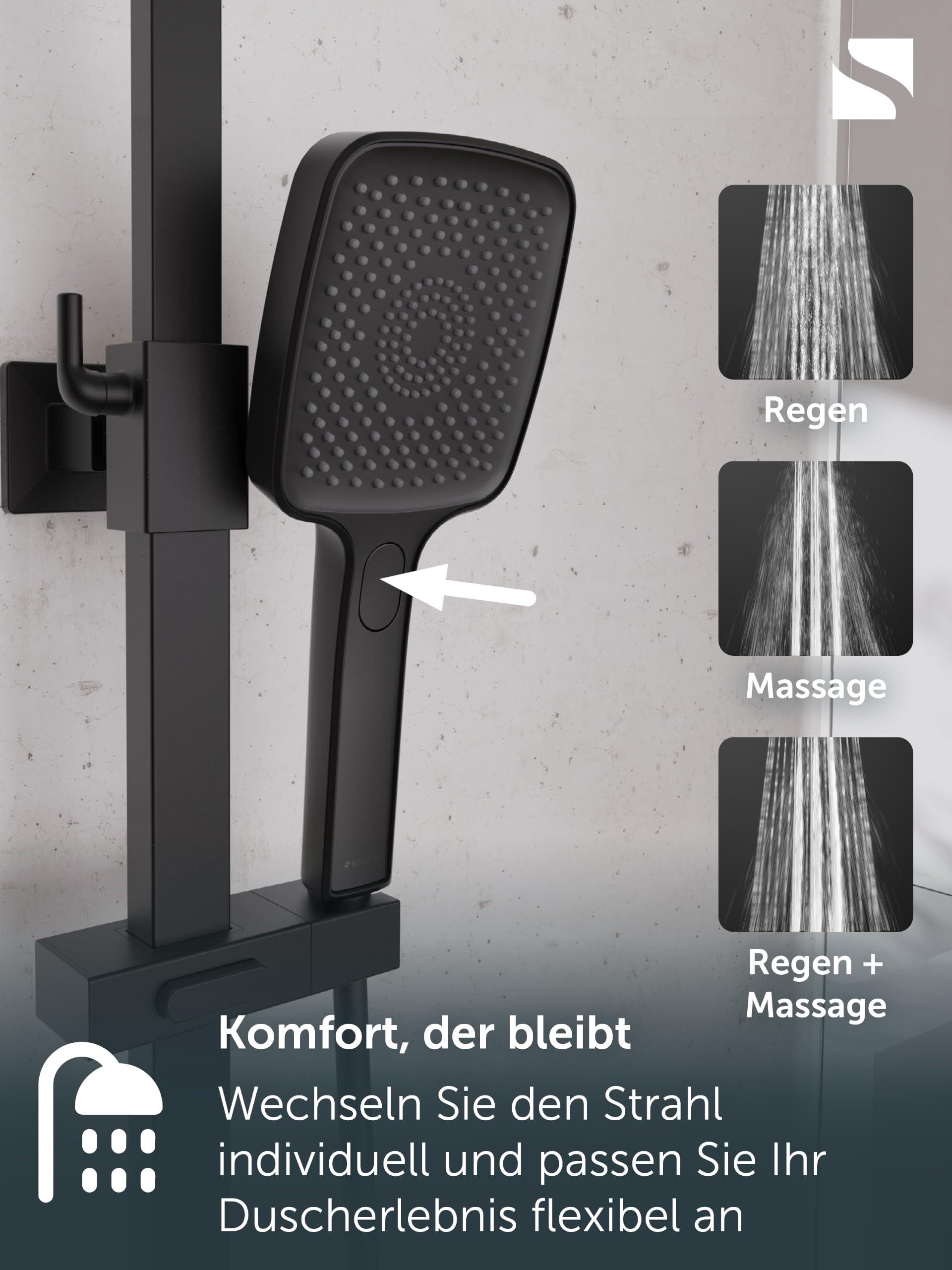 SCHÜTTE GRAN CANARIA E Duschsystem Regendusche mit Thermostat und Wandhalterung, 30x30cm Edelstahl Duschkopf, Duschset inkl. Duscharmatur, Duschstange Brause, Schwarz