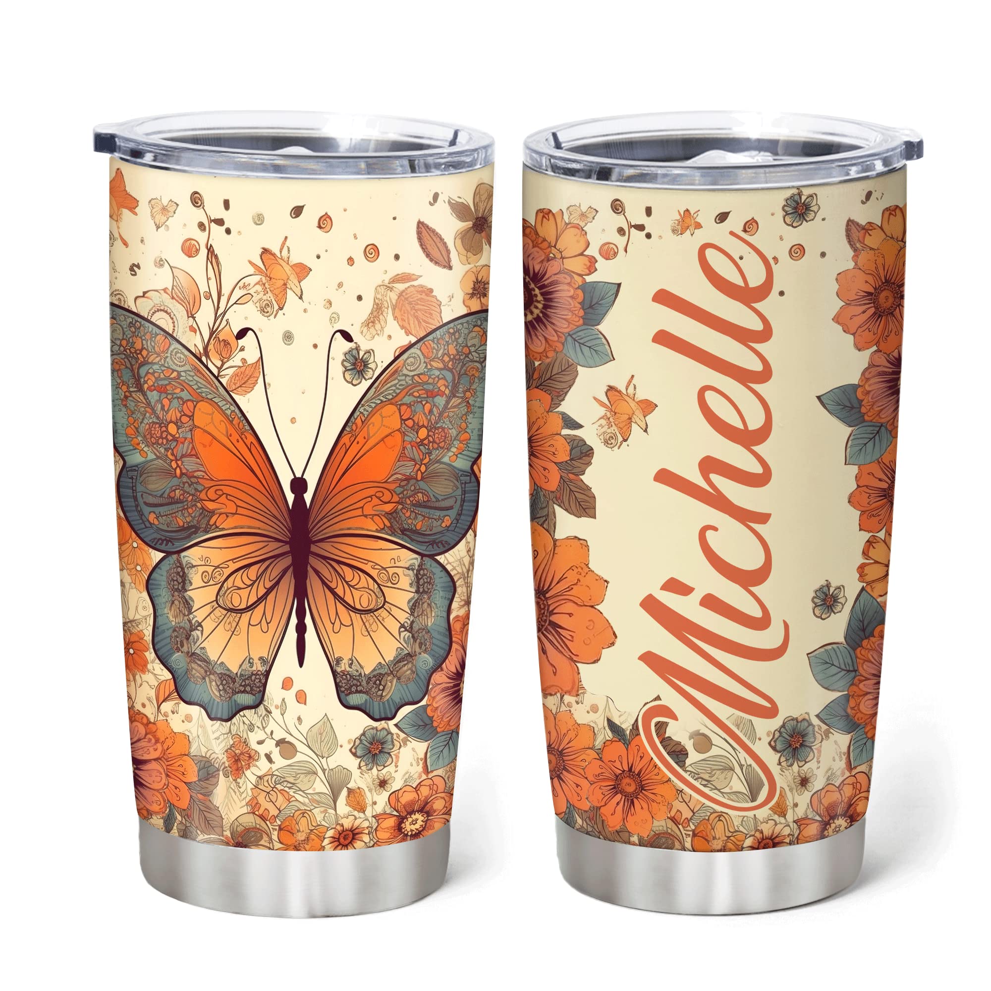 Hyturtle Personalized Gifts For Butterfly Lover - Butterfly Printed With Floral Custom Name Stainless Steel Tumbler 20oz With Lid - Idea Gifts For Women Girl Kids On Birthday, Christmas