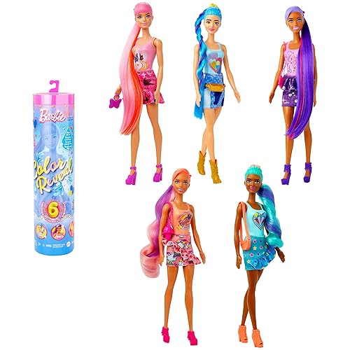 Immagine del prodotto Barbie - Color Reveal Serie Jeans, Bambola con 6 sorprese da scoprire, stampa patchwork ed effetto cambia colore, giocattolo per bambini, 3+ anni, HJX55