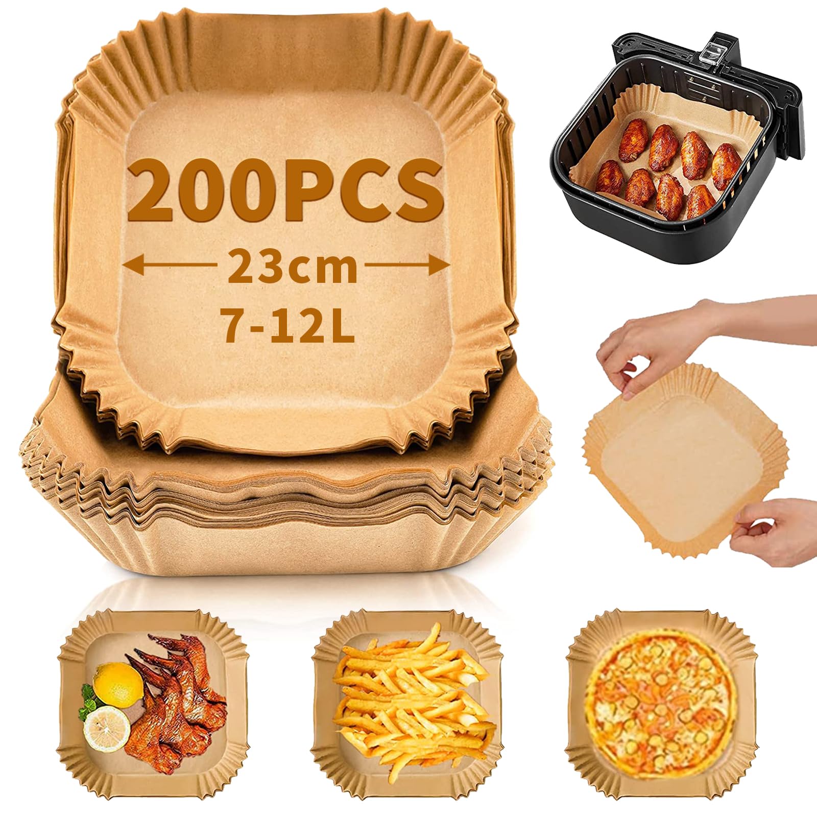 Papel Freidora Aire 23cm, 200Pcs Papel Air Fryer Cuadrado para COSORI Cecotec 5,5 6L, Cuadrado Antiadherente Desechable Resistente al Agua y al Aceite Accesorios Freidora de Aire