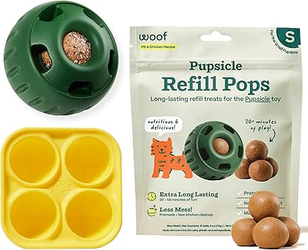 WOOF Starter Pack - Interactive Dog Ball Toy for Boredom - Dog Treat Molds Silicone - Chicken-Flavored Healthy Treats for Dogs - Pupsicle Doggy Enrichment Toy - for Small Pups - 10-25 lbs