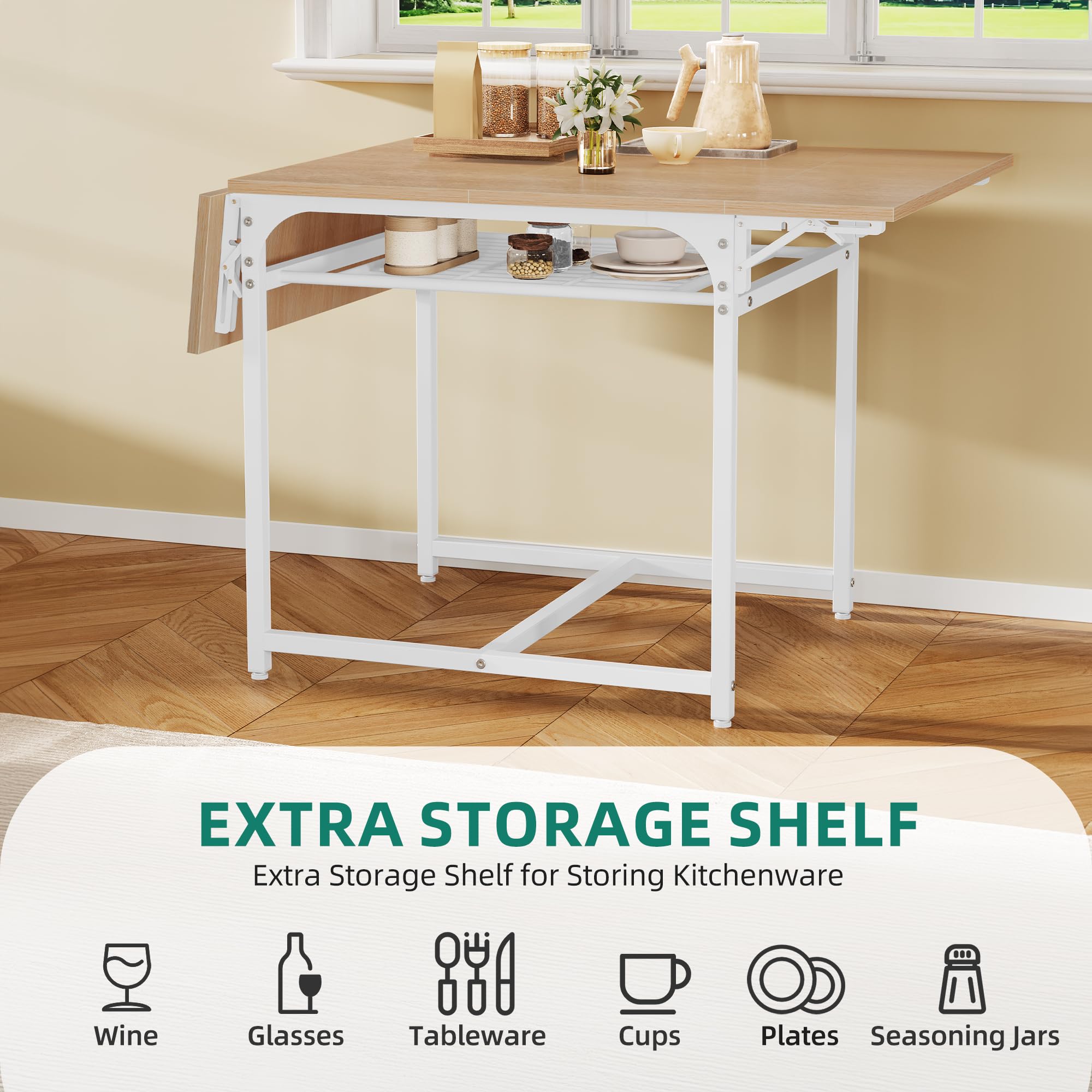 YITAHOME Table à Manger Pliante, Table à Feuilles Extensible avec Porte-Bagages et 4 Jambes réglables, sièges 2-6 Personnes, 120 x 78 x 75cm, chêne Jaune et Blanc