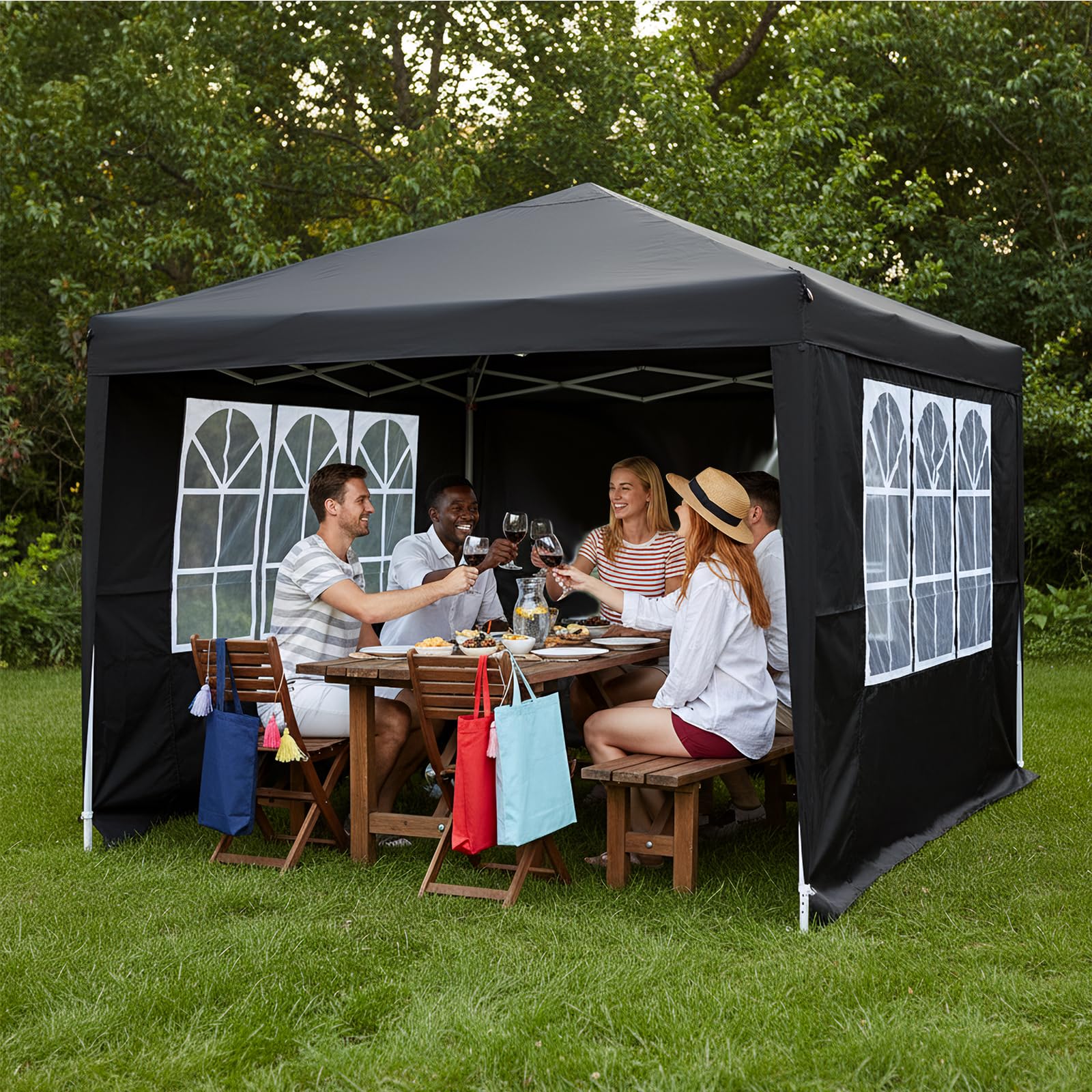 Pop Up Gazebo With Four Sides, 2x2m, 2.5x2.5m, 3x3m, Metal Frame Outdoor Party Shelter Tent, With Windows, Carry Bag (Black, 3mx3m)
