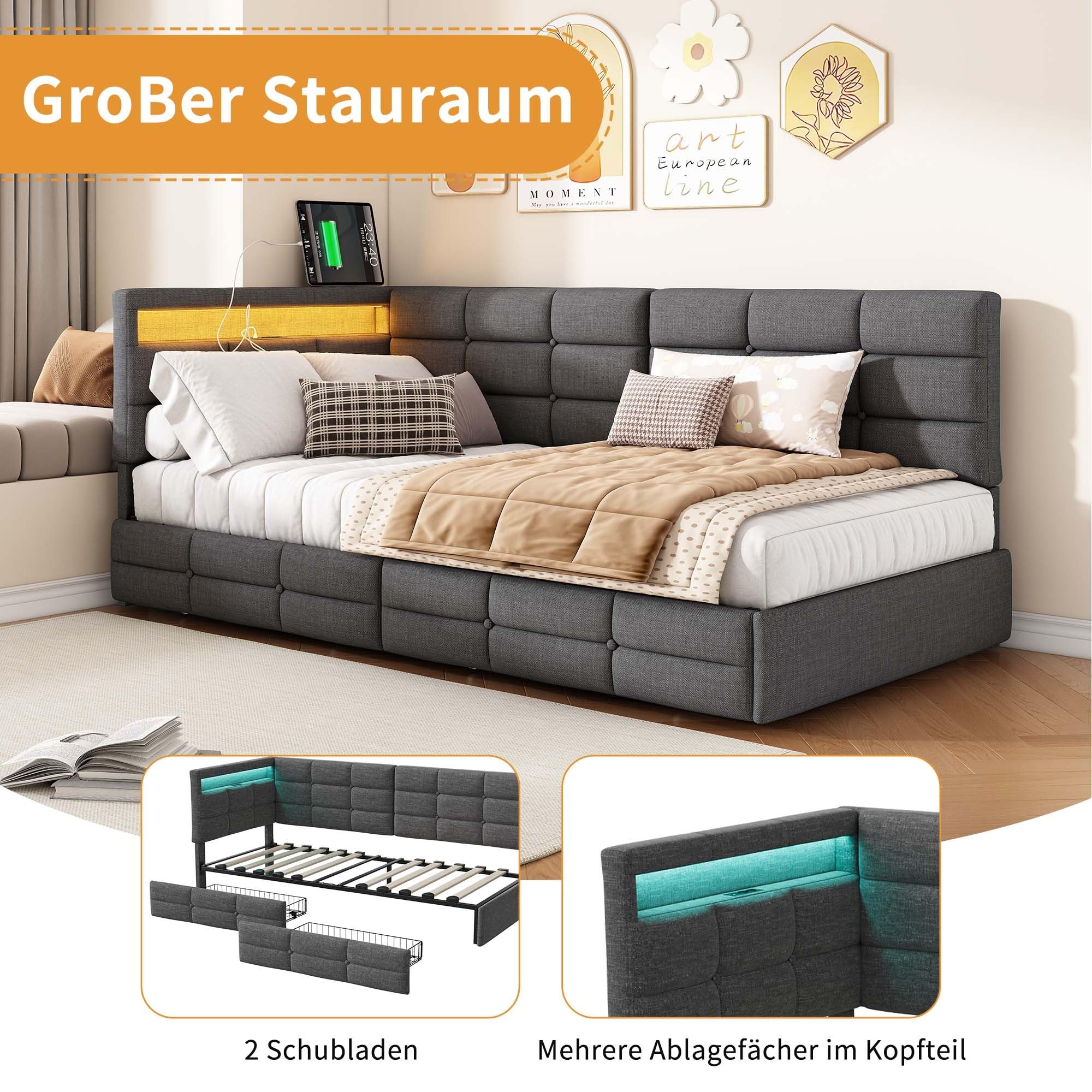Sofa z funkcją spania w kształcie L 90x200 z 2 szufladami do przechowywania, sofa rozkładana, funkcyjne łóżko z funkcją spania z USB/Typ C i światłem LED, sofa tapczan, rozkładane łóżko, łóżko tapczan
