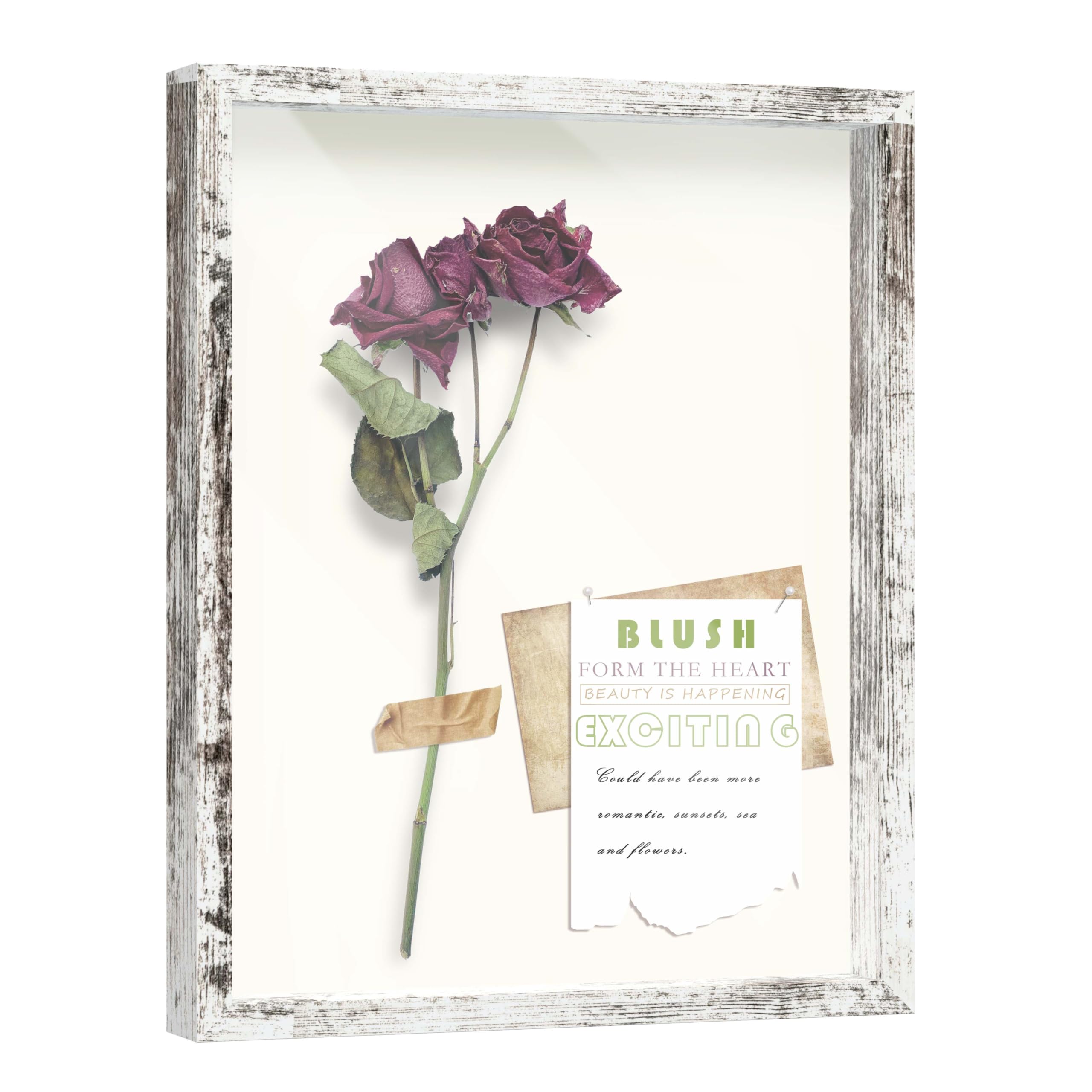 FrameWorks 16" x 20" White Driftwood Wooden Shadow Box Frame – Soft Felt Back, Tempered Glass, and Included Elegant White Ball Push Pins