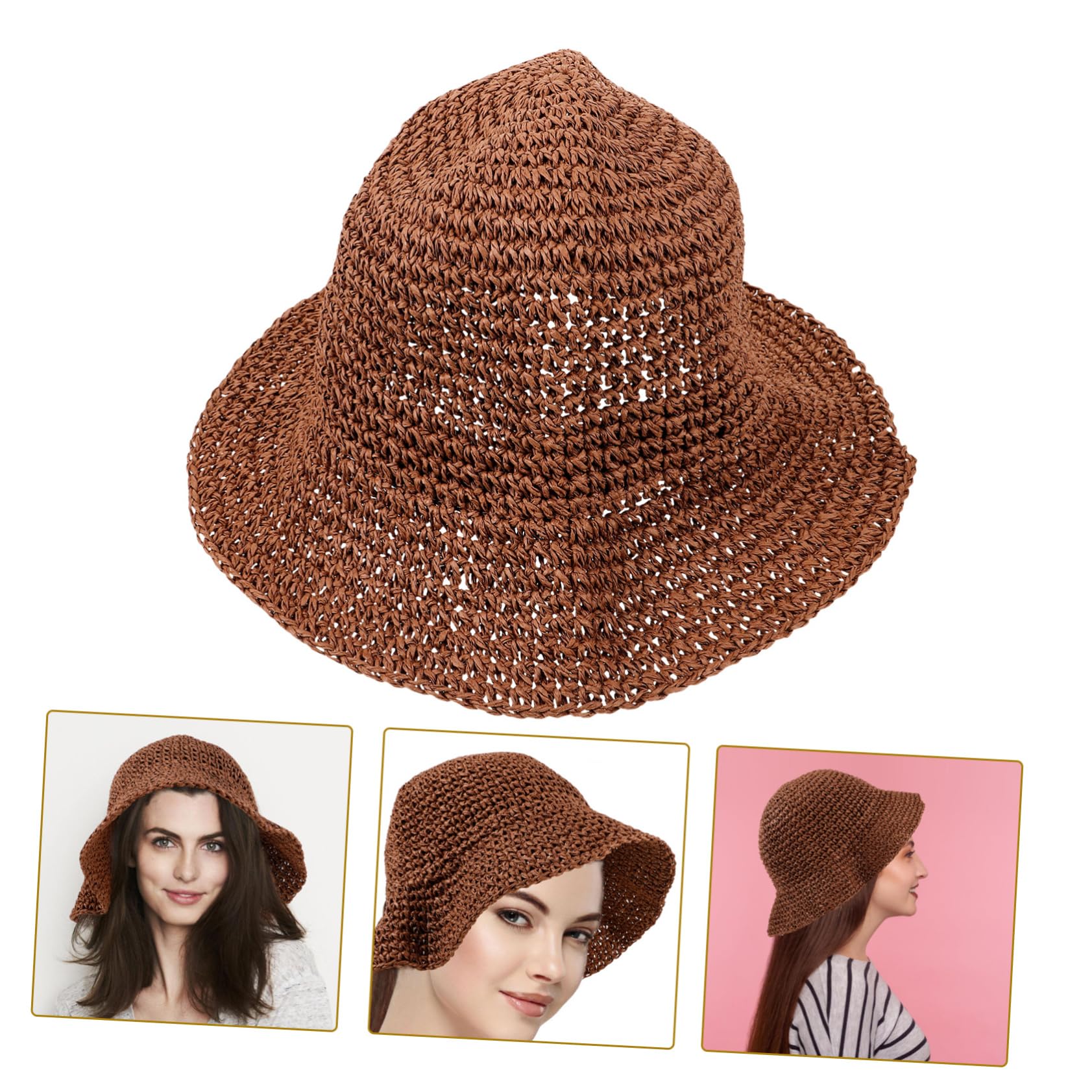 5 Pz Cappello di Paglia Intrecciato Cappello a Secchiello per Feste in Spiaggia da con Protezione Solare Estivo di Tessitura Papiro Brown
