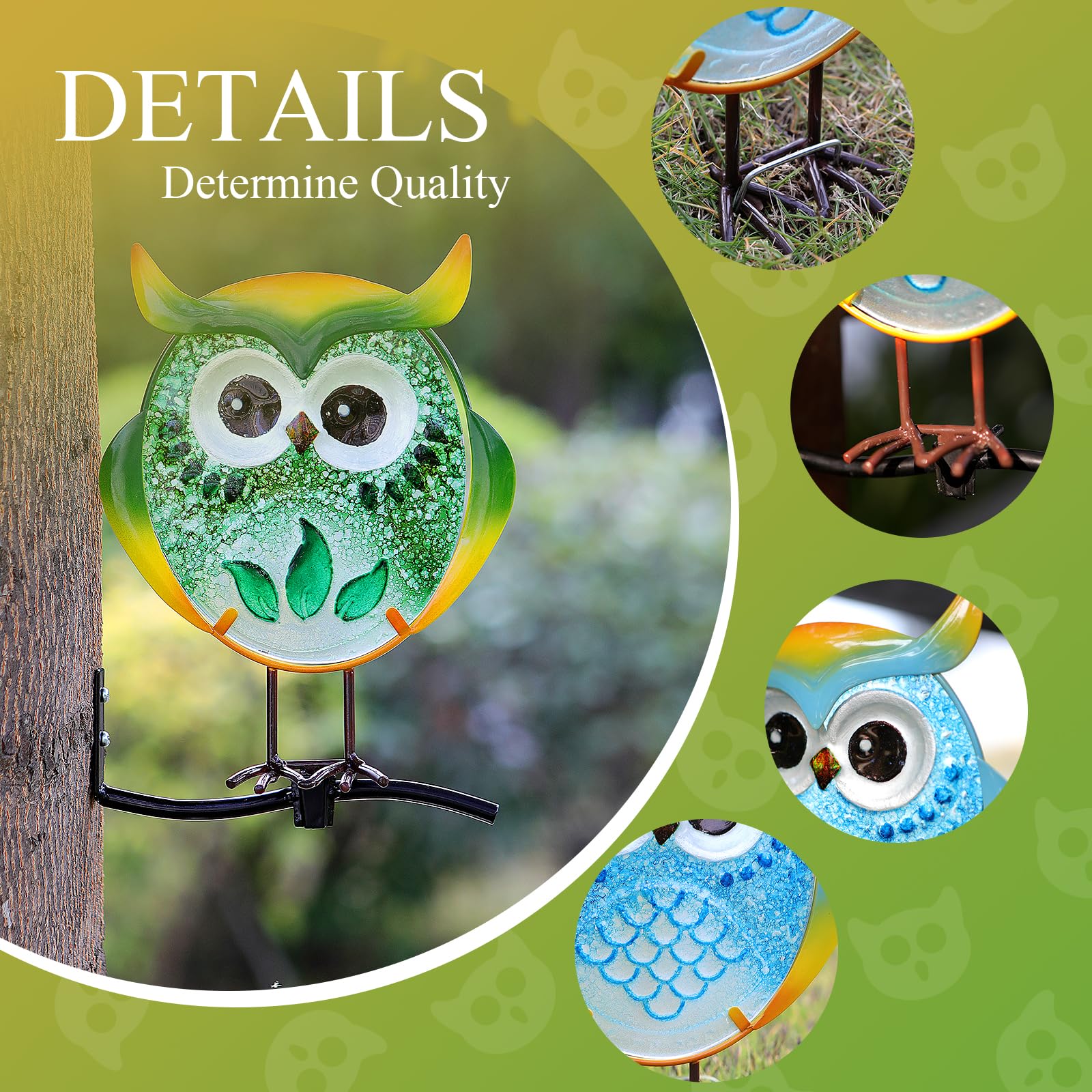 Owl Garden Decor Set of 3 Metal Glass Stand Tree Hugger Fence Outdoor Stake view 5