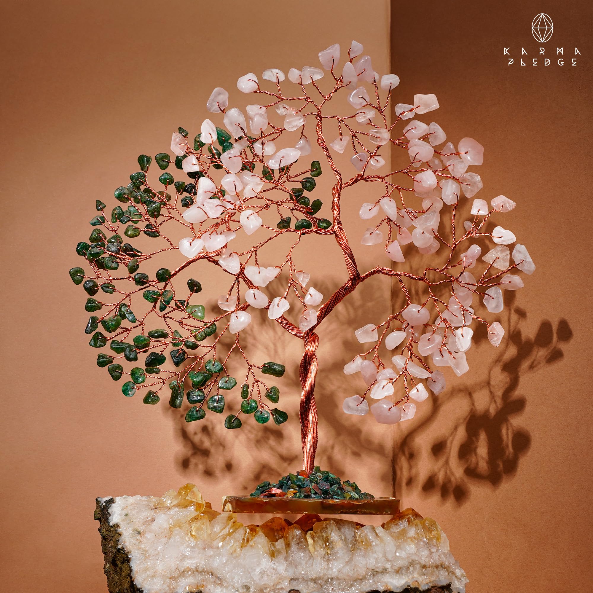Handmade Healing Crystal Tree of Life Green Aventurine & Rose Quartz Chakra Tree for Money, Good Luck, Feng Shui Home Decor, Living Room Office Deocration, Unique Birthday Gifts for Women, Men, Mom