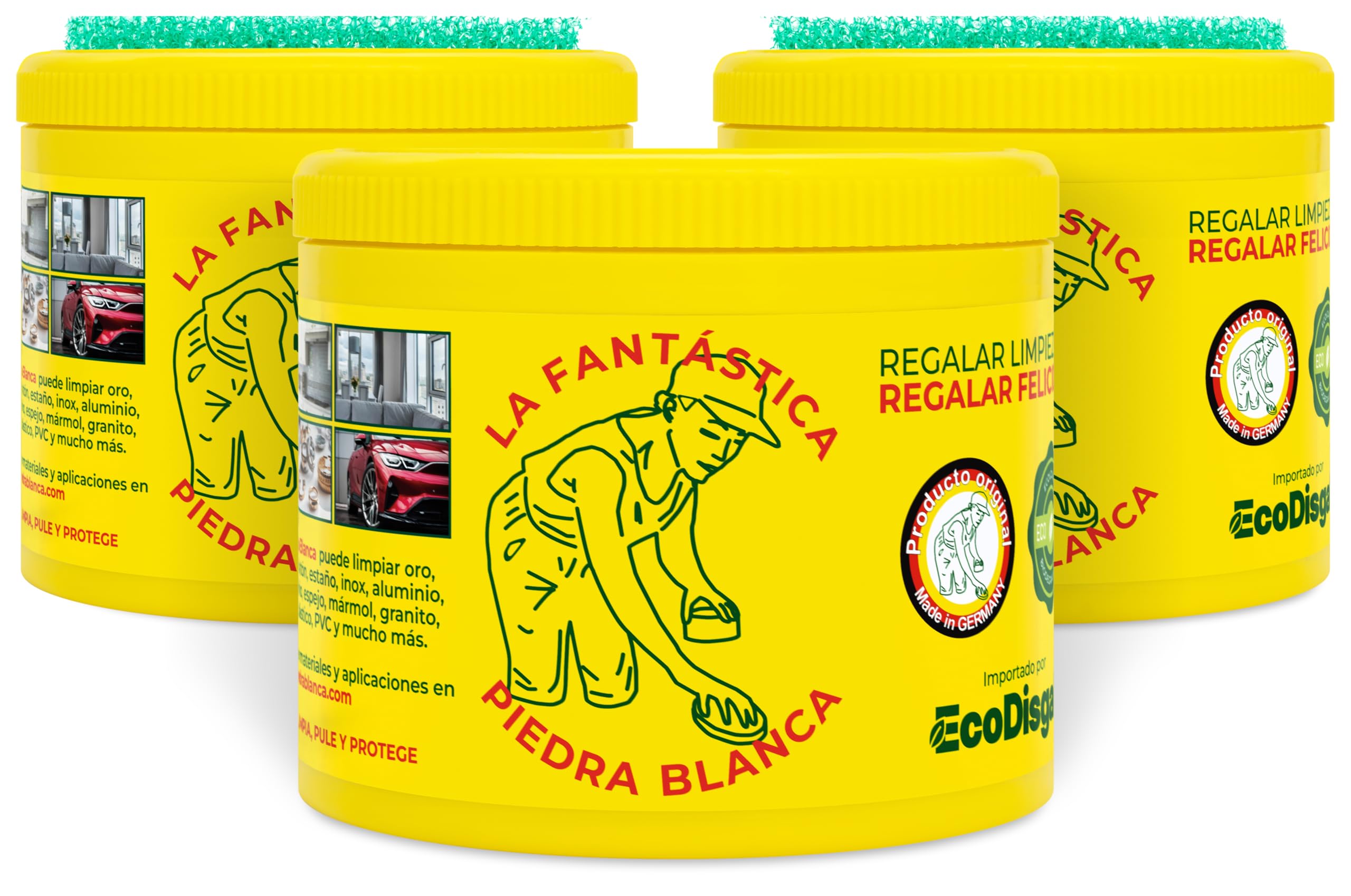 La Fantástica Piedra Blanca Original Pack 3x900g | Arcilla de Limpieza Multiusos, Fórmula Alemana, 6 Esponjas de Regalo
