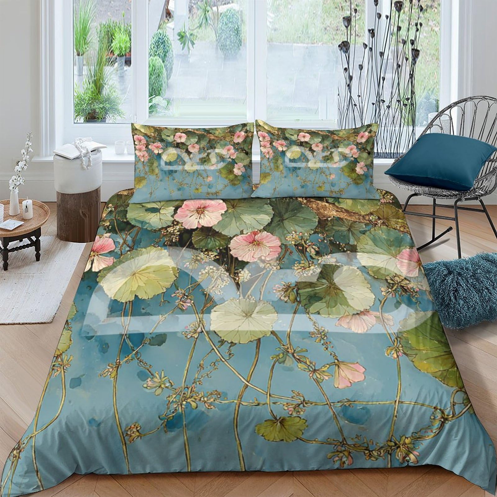 Ctjqhvkz Style-4 3D Printed Water Lily Fitted Sheet Microfiber Soft Blue Floral Pond Bed Cover For Bedroom Dorm Mattress Decor Single（135X200cm）