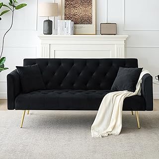 71" Modern Velvet Sofa Bed Futon, Convertible Sleeper Couch with Adjustable Backrest, Tufted Recliner Loveseat with Golden Chrome Legs & 2 Pillows for Small Spaces, Living Room, Apartment (Black)