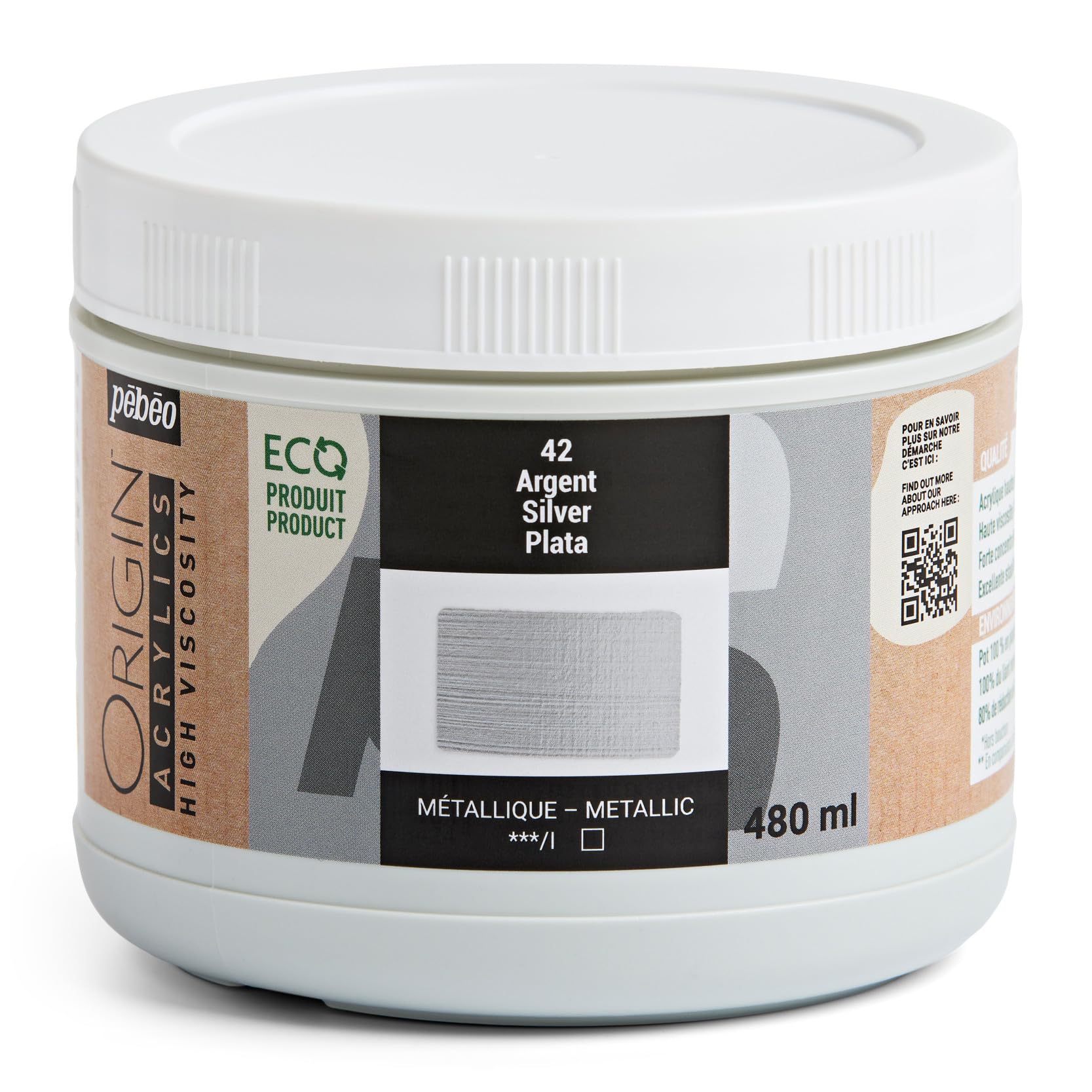 PEBEO - Origin Acrylics 480 ml - Eco-designed Acrylic Paint - High Viscosity - Metallic Finish - 100% Recycled Binder - 96% European Raw Materials - Silver — image 1