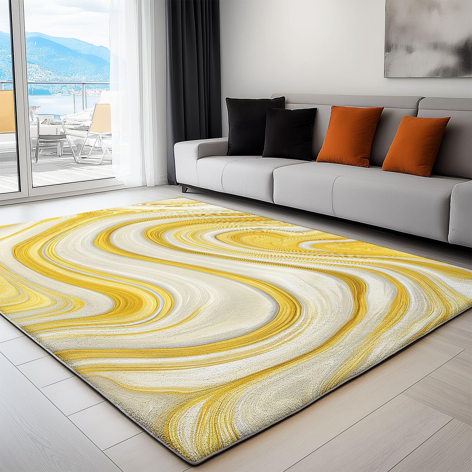 Tapis de salon jaune 120x180 cm vintage abstrait à poils courts lavable