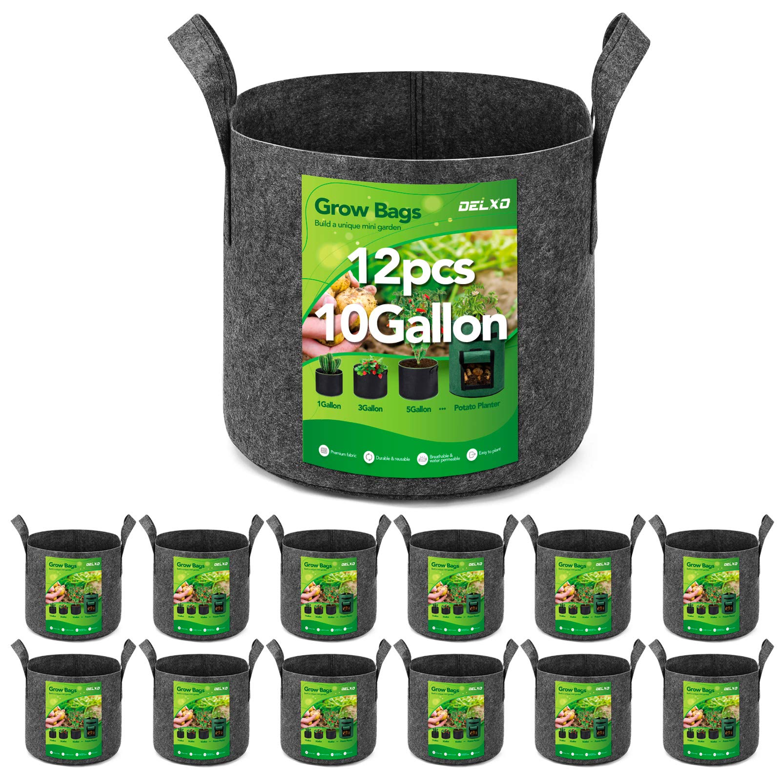 Delxo 12-Pack 10 Gallon Heavy Duty Aeration Fabric Pots Thickened Nonwoven Fabric Pots Plant Grow Bags Grey