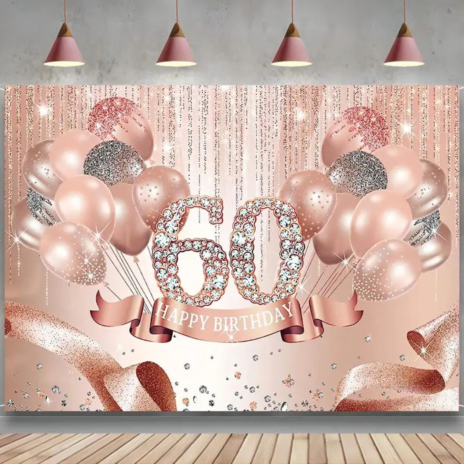 Różowe złoto 'Happy 60th Birthday' tło dekoracje różowy brokat balony tło błyszczący diament sześćdziesiąt lat baner imprezowy 300 x 200 cm