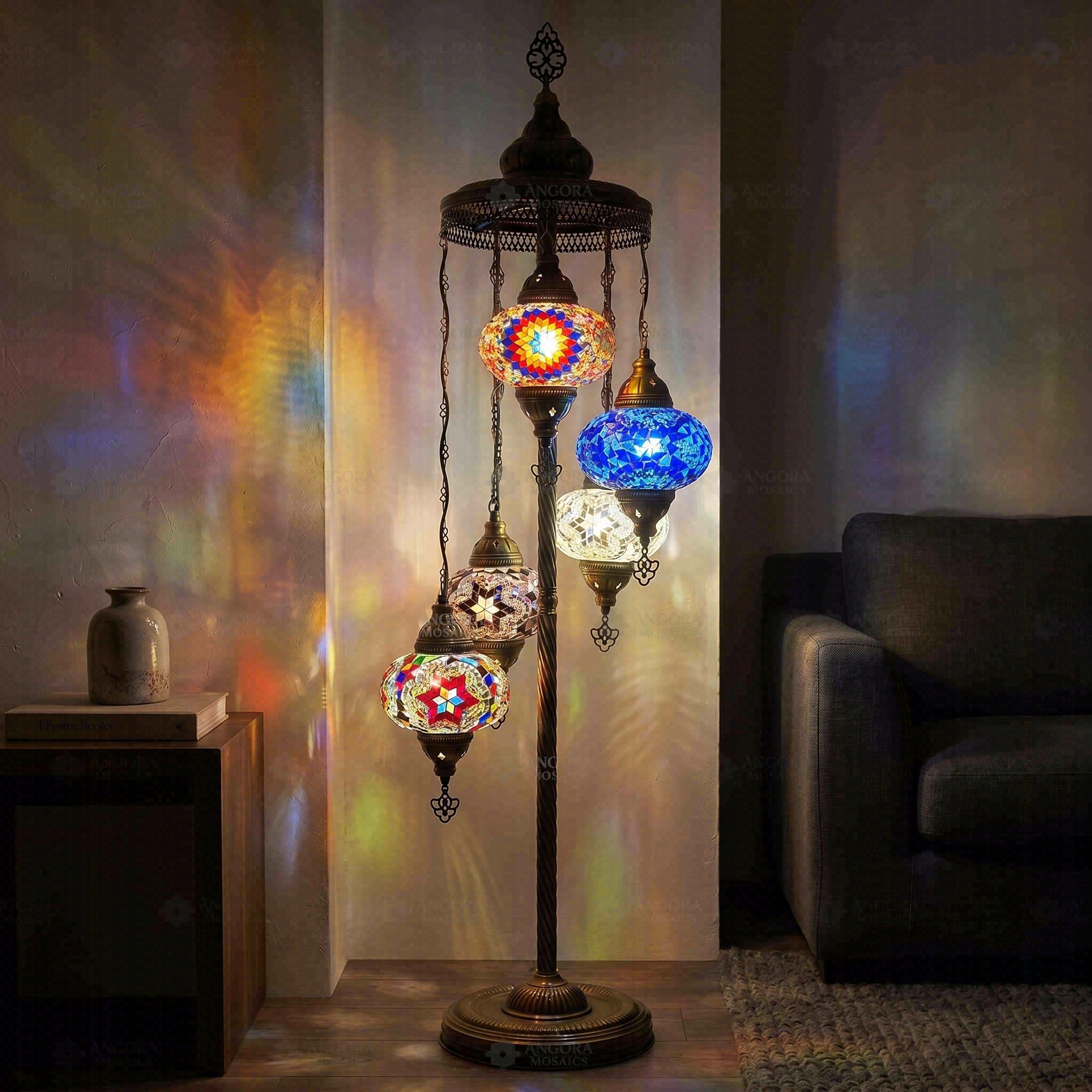 ENVA Multicolor Turkish Mosaic Floor Lamp - 5 Globe Handmade Mosaic Glass Standing Light - Boho Star Pattern - Moroccan Living Room Lamp