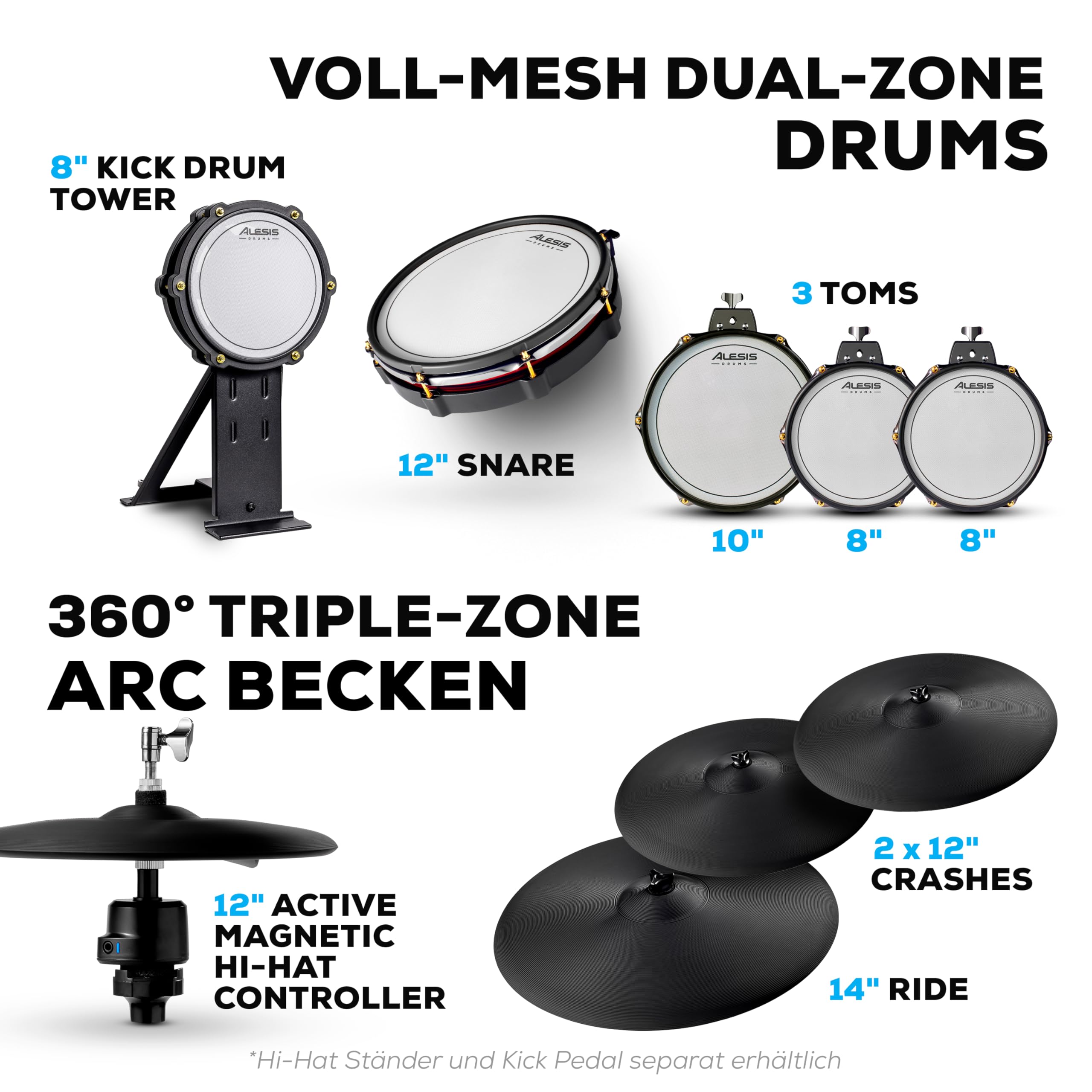 Alesis Strata Core E Schlagzeug mit Touchscreen, Triple Zone Becken, Active Magnetic Hi-Hat, Dual Zone Mesh Heads, 8" Kick, 144K Multikanal-Samples