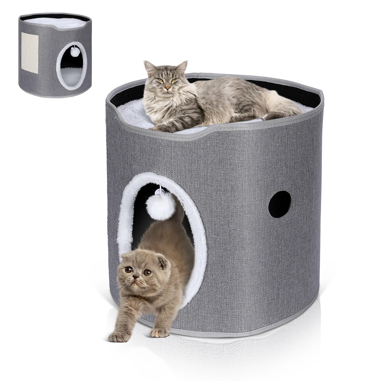 Topmart Cat Bed for Indoor Cats,Cat House with Scratch Pad & Hanging Ball,Large Cats Bed Cave with Fluffy Cushions