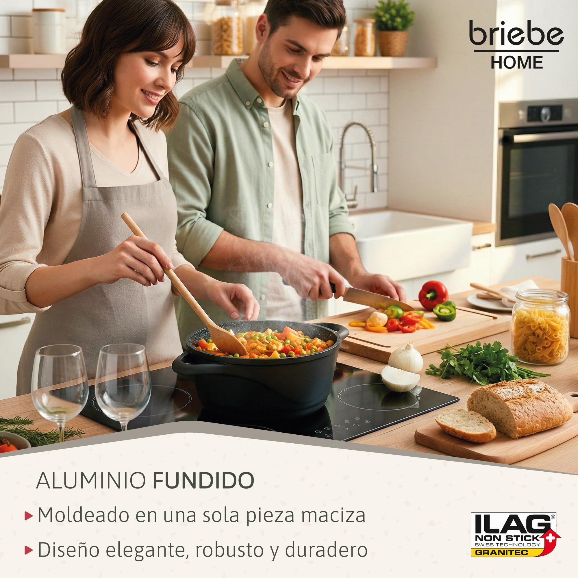 briebe Batería Cocina Inducción 8 Piezas, Juego 4 Ollas Aluminio Fundido, Antiadherente ILAG GRANITEC sin PFOA, Set Cazuelas Tapas Cristal, Guantes Silicona, Vitrocerámica, Gas, Horno.