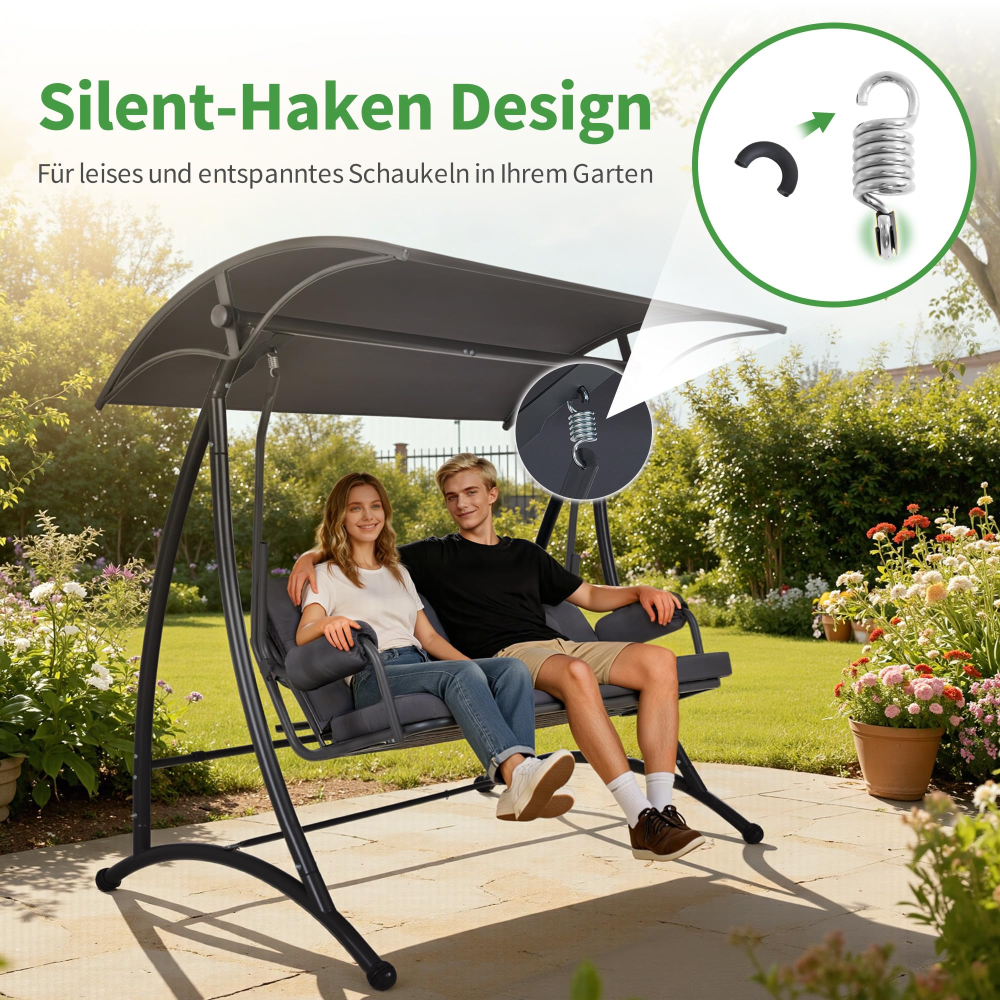 M MCombo 3-Sitzer Hollywoodschaukel mit Liegefunktion, Schaukelbank Outdoor Wetterfest, 3 Extradickem Sitzkissen & Silent-Haken, Gartenschaukel bis 300kg Belastbar, 4025 (grau)