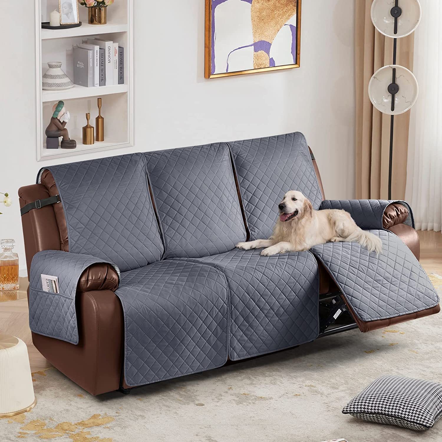 Funda de Silla Relax Antideslizante Funda para Sofá, Funda Sillón Reclinable Impermeable con Reposabrazos y Bolsillos, Fundas de Muebles para el hogar con mascotas y niños (Gris Oscuro,3 Plazas/Sofá)